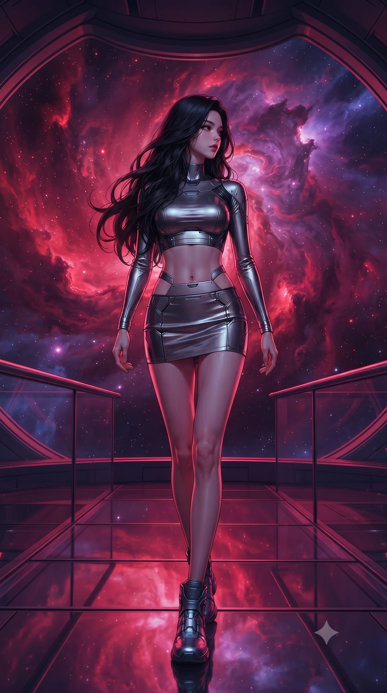 score_9, masterpiece, best quality, ultra-detailed, high-budget anime keyframe, editorial fashion photography, tasteful artistic composition, Korean woman. low angle full-body shot from head to toe showing her feet, filling the entire 9:16 vertical frame with her statuesque presence, stretching her vertical silhouette. walking slowly along a glass skybridge, looking back over her shoulder with an air of effortless grace, the background shows a soft-focus a space cruiser dome balcony looking at a massive crimson cosmic nebula. She has an absolutely perfect, statuesque 8.5-heads proportion, an exceptionally tall and slender model-like female figure with impossibly long slender legs and an ultra-slim waist. sharp v-shaped jawline, high-bridge nose, intricate jewel-like eyes with depth, thick eyelashes, glossy lips with a natural sheen. wearing a body-hugging modern carbon-alloy crop top paired with a low-rise tactical skirt and a subtle waist cut-out. deep crimson and violet nebula gas light painting the room in a cosmic wash. ultra-reflective glossy finish, specular highlights, metallic sheen, high-contrast stereoscopic depth, volumetric dynamic lighting, 2k, ultra detail, master piece, 9:16 ratio