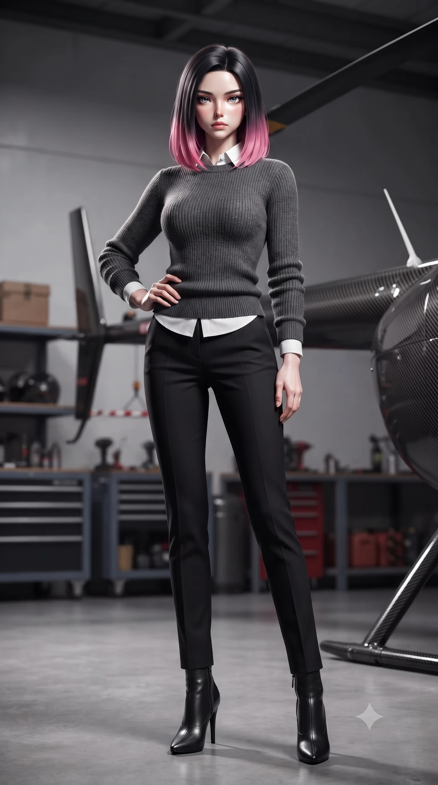 score_9, masterpiece, best quality, ultra-detailed, high-budget anime keyframe, editorial fashion photography, tasteful artistic composition, Korean woman. low angle full-body shot from head to toe showing her feet, filling the entire 9:16 vertical frame with her statuesque presence, stretching her vertical silhouette. posing confidently with one hand on her hip, stretching her statuesque body to emphasize her curves the background shows a soft-focus a private helicopter hangar with steel racks, tools, and carbon fiber panels. She has an absolutely perfect, statuesque 8.5-heads proportion, an exceptionally tall and slender model-like female figure with impossibly long slender legs and an ultra-slim waist. sharp v-shaped jawline, high-bridge nose, intricate jewel-like eyes with depth, thick eyelashes, glossy lips with a natural sheen. wearing a body-hugging cozy charcoal grey knit sweater over a white collared shirt and black slacks. focused spotlights casting sharp, detailed shadows across her figure. ultra-reflective glossy finish, specular highlights, metallic sheen, high-contrast stereoscopic depth, volumetric dynamic lighting, 2k, ultra detail, master piece, 9:16 ratio