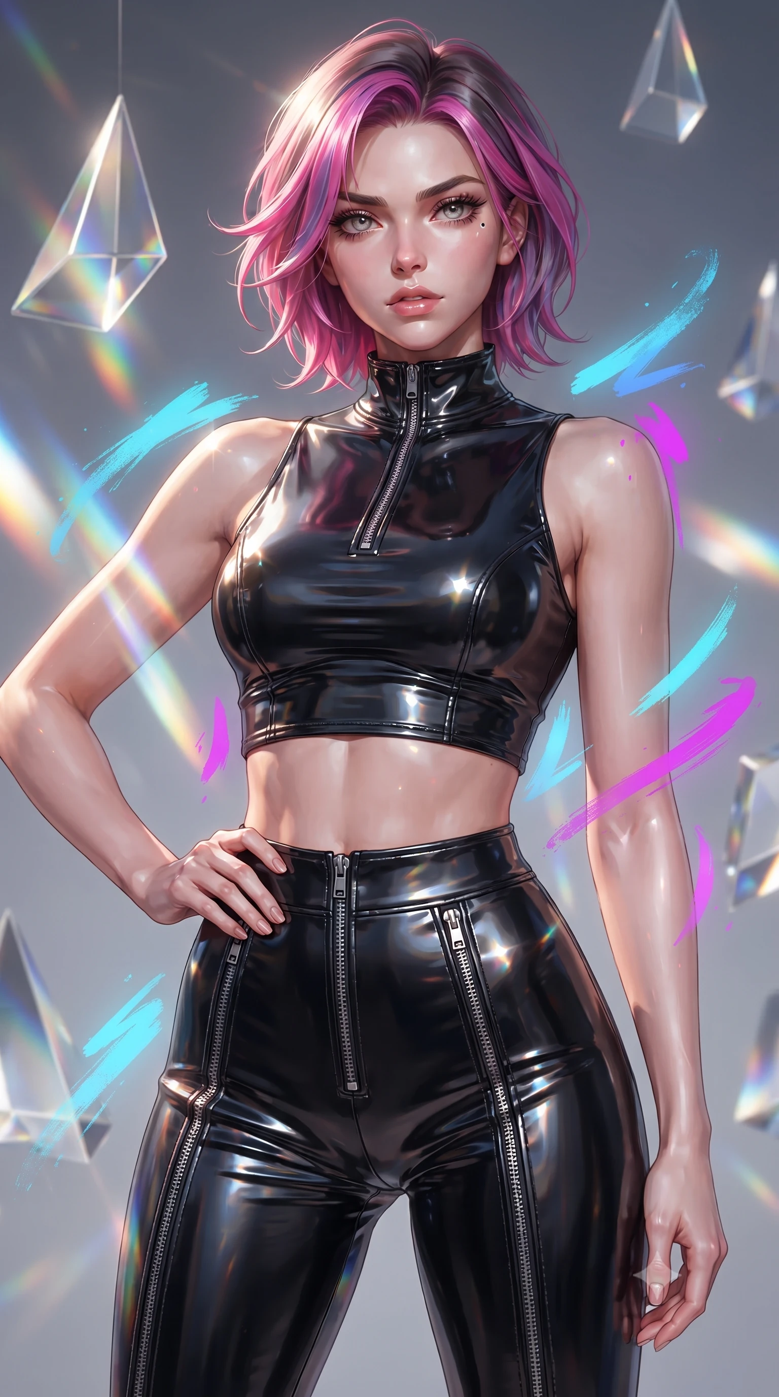 score_9, masterpiece, best quality, ultra-detailed, high-budget anime keyframe, editorial fashion photography, tasteful artistic composition, Caucasian woman. close-up cowboy shot from the waist and thighs up, the character dominates the composition, filling the frame with her large presence, background elements kept in soft focus. Holding a confident power pose with one hand on her hip, gazing directly into the camera with quiet intensity interacting with floating glass prisms that refract liquid light into rainbows, glowing neon brushstrokes floating poetically around her silhouette. She has an exceptionally elegant, slender, and willowy female figure with an ultra-slim waist, a gracefully sculpted slender torso, and a refined silhouette. sharp v-shaped jawline, high-bridge nose, intricate jewel-like eyes with depth, thick eyelashes, glossy lips with a natural sheen. wearing a glossy vinyl crop top and high-waist tailored leggings with sleek metallic zippers, the form-contouring material highlighting her ultra-slim waist and long lines. bathed in high-contrast vibrant studio lighting with sharp specular highlights. ultra-reflective glossy finish, specular highlights, metallic sheen, high-contrast stereoscopic depth, volumetric dynamic lighting, 2k, ultra detail, master piece, 9:16 ratio