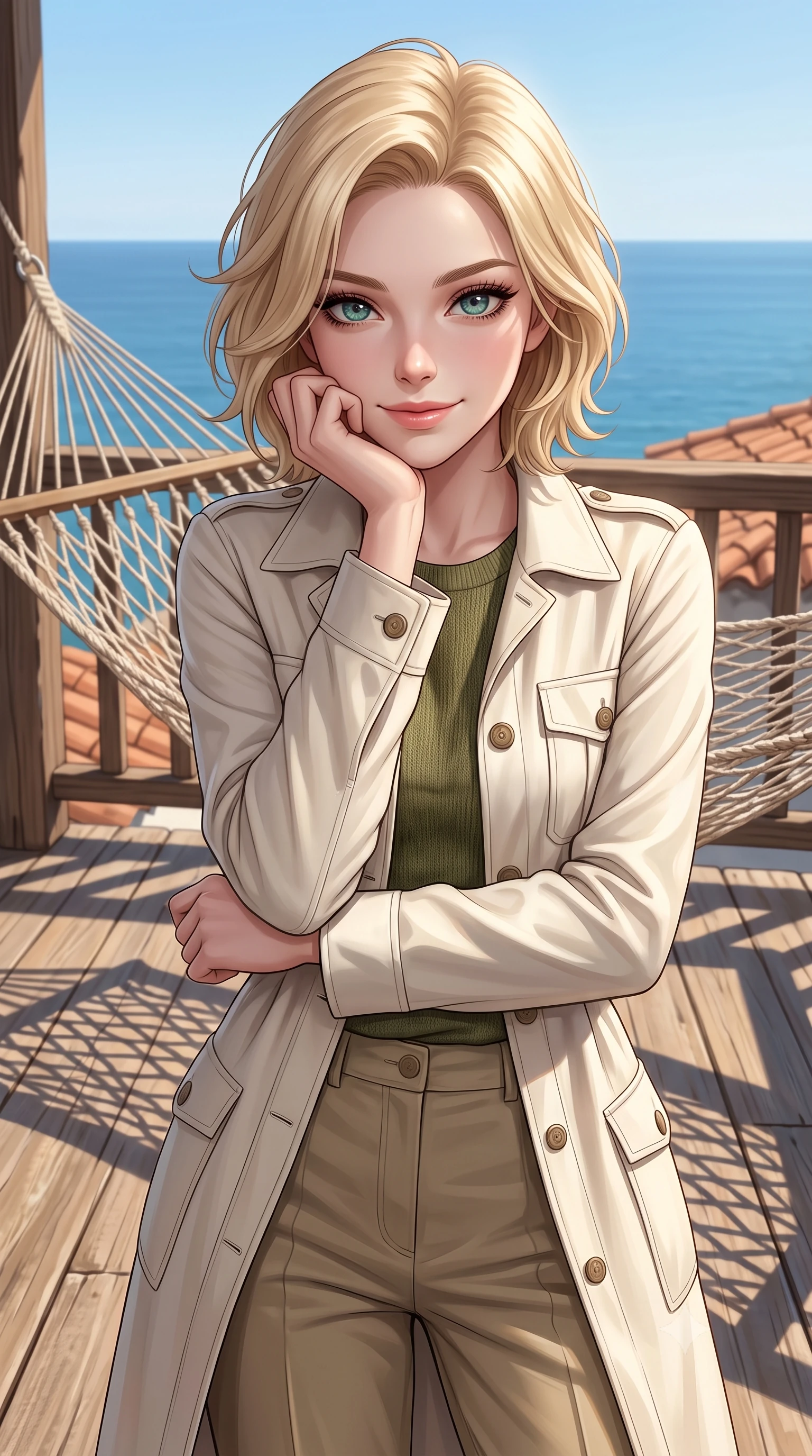 score_9, masterpiece, best quality, ultra-detailed, high-budget anime keyframe, editorial fashion photography, tasteful artistic composition, Caucasian woman woman. close-up cowboy shot from the waist and thighs up, the character dominates the composition, filling the frame with her large presence, background elements kept in soft focus. resting her chin on her hand, looking out at the beautiful scenery with a soft smile the background shows a soft-focus a wooden balcony with a hammock overlooking the Mediterranean sea under a clear blue sky. She has an exceptionally elegant, slender, and willowy female figure with an ultra-slim waist, a gracefully sculpted slender torso, and a refined silhouette. sharp v-shaped jawline, high-bridge nose, intricate jewel-like eyes with depth, thick eyelashes, glossy lips with a natural sheen. wearing a form-contouring lightweight cream utility coat over an olive green knit shirt and khaki slacks. warm sunbeams tracing geometric patterns across the wooden planks. 2k, ultra detail, master piece, 9:16 ratio