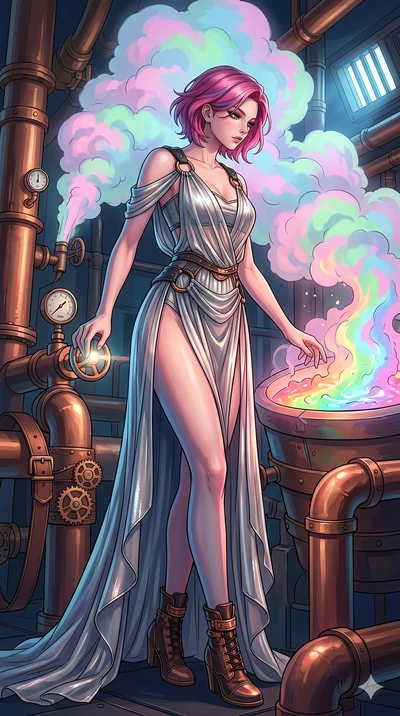 score_9, masterpiece, best quality, ultra-detailed, high-budget anime keyframe, Caucasian woman, strictly human ears. low angle full-body shot filling the entire 9:16 frame with her statuesque presence, stretching the vertical silhouette. operating a