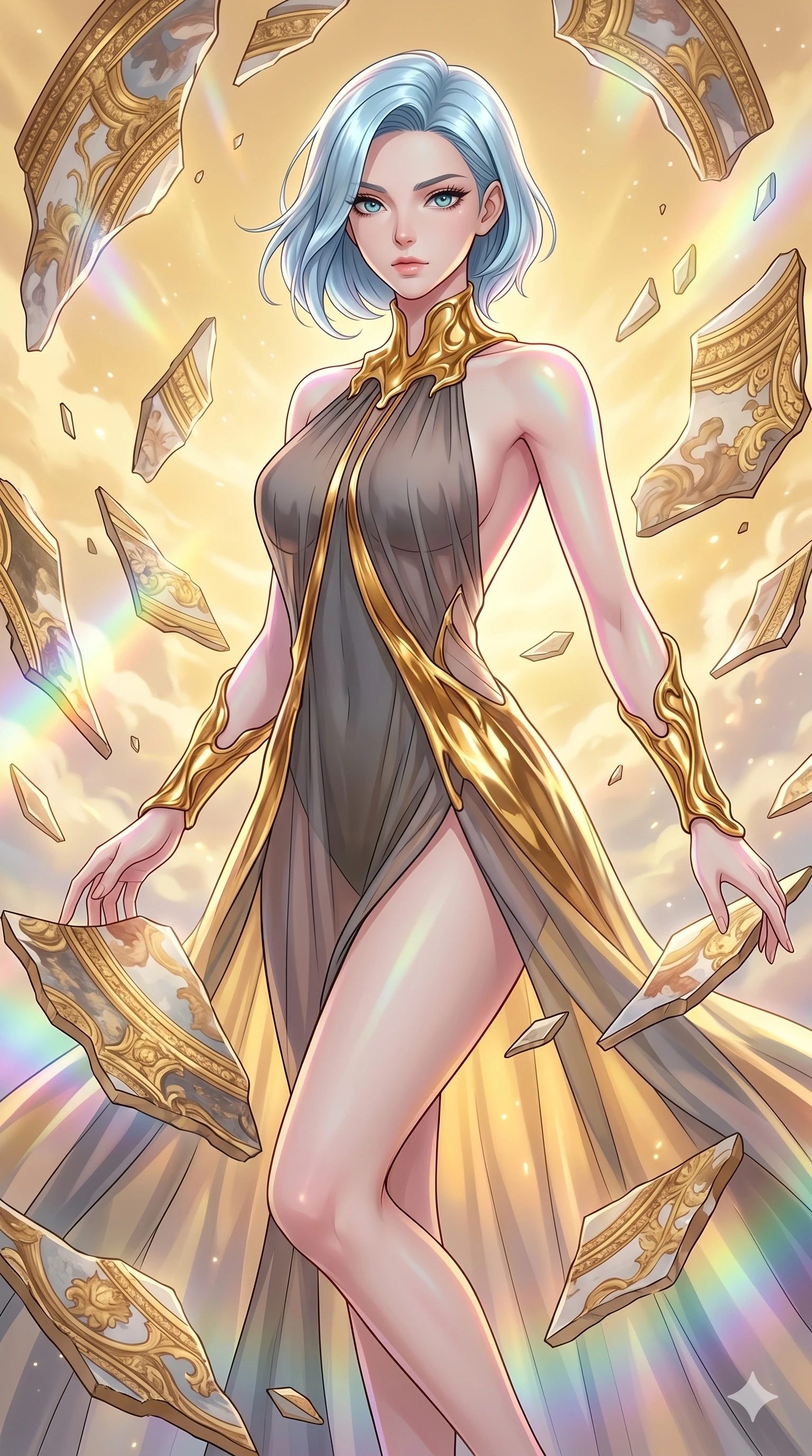 score_9, masterpiece, best quality, ultra-detailed, high-budget anime keyframe, Korean woman. upper body close-up from the thighs up, character filling the screen for maximum presence. propelling herself off digital baroque ceiling fresco shards that float and reassemble in a golden sky. She has an absolutely perfect 8-heads proportion, an exceptionally tall and slender female figure with impossibly long slender legs and an ultra-slim waist. V-shaped jawline, high-bridge nose, intricate jewel-like eyes with depth, thick eyelashes, glossy lips with a natural sheen.. wearing a molten gold and chiffon gown, featuring organic liquid gold collar and cuffs on a translucent charcoal-gray halter neck chiffon gown with a deep backless design. enhanced by a luminous pastel spectrum glow, casting elegant rim lights on her shoulders and jawline. 2k, ultra detail, master piece, 9:16 ratio