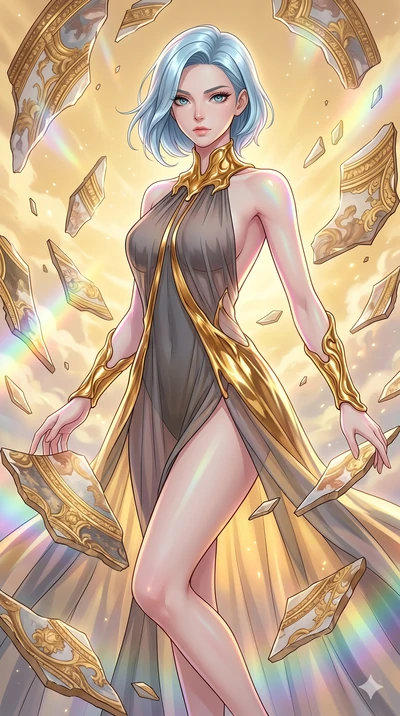 score_9, masterpiece, best quality, ultra-detailed, high-budget anime keyframe, Korean woman. upper body close-up from the thighs up, character filling the screen for maximum presence. propelling herself off digital baroque ceiling fresco shards that