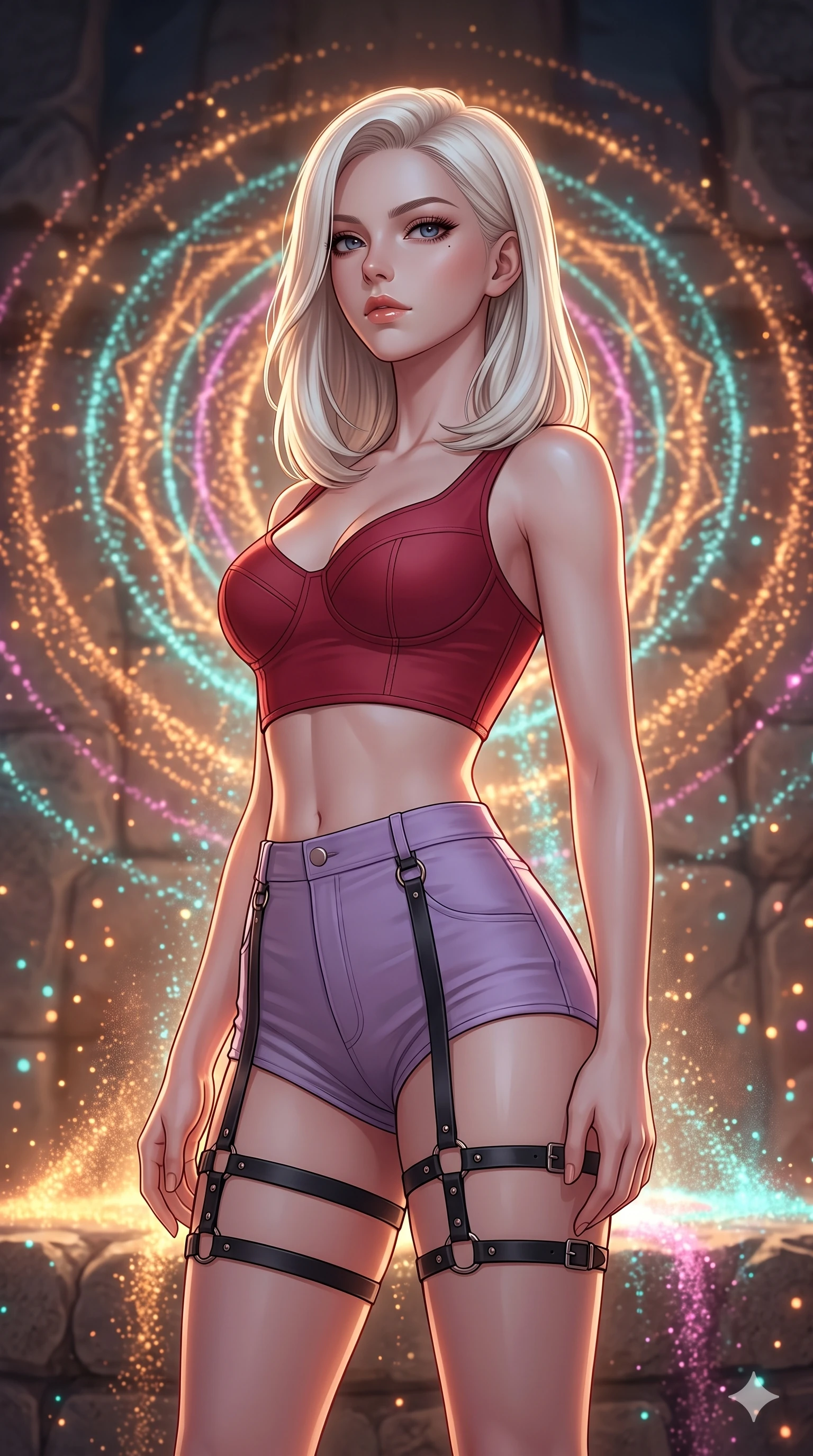 score_9, masterpiece, best quality, ultra-detailed, high-budget anime keyframe, editorial fashion photography, tasteful artistic composition, Caucasian woman, strictly human ears. close-up cowboy shot from the waist and thighs up, the character dominates the composition, filling the frame with her large presence, background elements kept in soft focus. Gazing past the camera with an air of effortless superiority. set against a soft-focus background of an ancient stone altar where millions of glowing colored sand particles levitate and slowly arrange themselves into an impossibly intricate mandala pattern radiating outward in concentric circles. She has an exceptionally elegant and slender, willowy female figure with an ultra-slim waist, a gracefully sculpted slender torso, and a refined slim physique. sharp v-shaped jawline, high-bridge nose, intricate jewel-like eyes with depth, thick eyelashes, glossy lips with a natural sheen. wearing a matte crimson crop top with sculpted cups, paired with matching high-waist lavender micro shorts and black leather thigh straps. the glowing sand particles themselves provide warm amber turquoise and magenta illumination from below creating an upward-casting ceremonial glow. 2k, ultra detail, master piece, 9:16 ratio