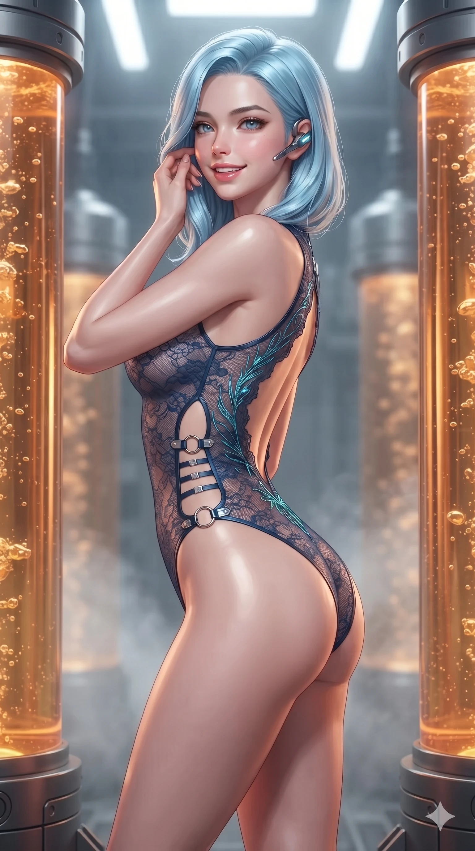 score_9, masterpiece, best quality, ultra-detailed, high-budget anime keyframe, editorial fashion photography, tasteful artistic composition, Korean woman. close-up cowboy shot from the waist and thighs up, the character dominates the composition, filling the frame with her large presence. arching her spine with dancer poise, one hand adjusting her ear comm-link in a flirtatious S-curve with parted glossy lips while standing poised between towering cylindrical coolant columns filled with bubbling amber liquid, arching her lower back with magnetic supermodel poise. The background shows a soft-focus industrial mist softened in subterranean thermal exchange facility shallow focus. She has an exceptionally elegant, slender, and willowy female figure with an ultra-slim waist, flat toned midriff, narrow ribcage, and sculpted feminine hips creating an alluring, slim hourglass silhouette without bulk. sharp v-shaped jawline, high-bridge nose, intricate jewel-like sparkling eyes with depth, thick eyelashes, glossy parted lips with a natural sheen, bright confident smile with an enchanting and coquettish sensual glint, exuding both youthful magnetic charm and sovereign high-tech allure, flawlessly proportioned anatomical accuracy, strict slender model proportions, natural body alignment, perfectly sculpted long slender limbs, ultra-slim waistline, clean dynamic posture without body distortion. wearing an alluring backless sheer lace leotard with high-cut leg openings and delicate fiber-optic embroidery framing her spine in deep space navy and laser turquoise, made of delicate semi-sheer French Chantilly lace with intricate eyelash edges, finished with sharp laser-cut side ventilation slits framed by silver hardware rings, the precision-cut side openings and low-back scoop framing her graceful spine and the sensual sweep of her slim, toned hips. bathed in the warm luminous glow emanating from within the amber coolant columns mixed with crisp overhead white floodlights. ultra-reflective glossy finish, specular highlights, rich textural contrasts, high-contrast stereoscopic depth, volumetric dynamic lighting, 2k, ultra detail, master piece, 9:16 ratio