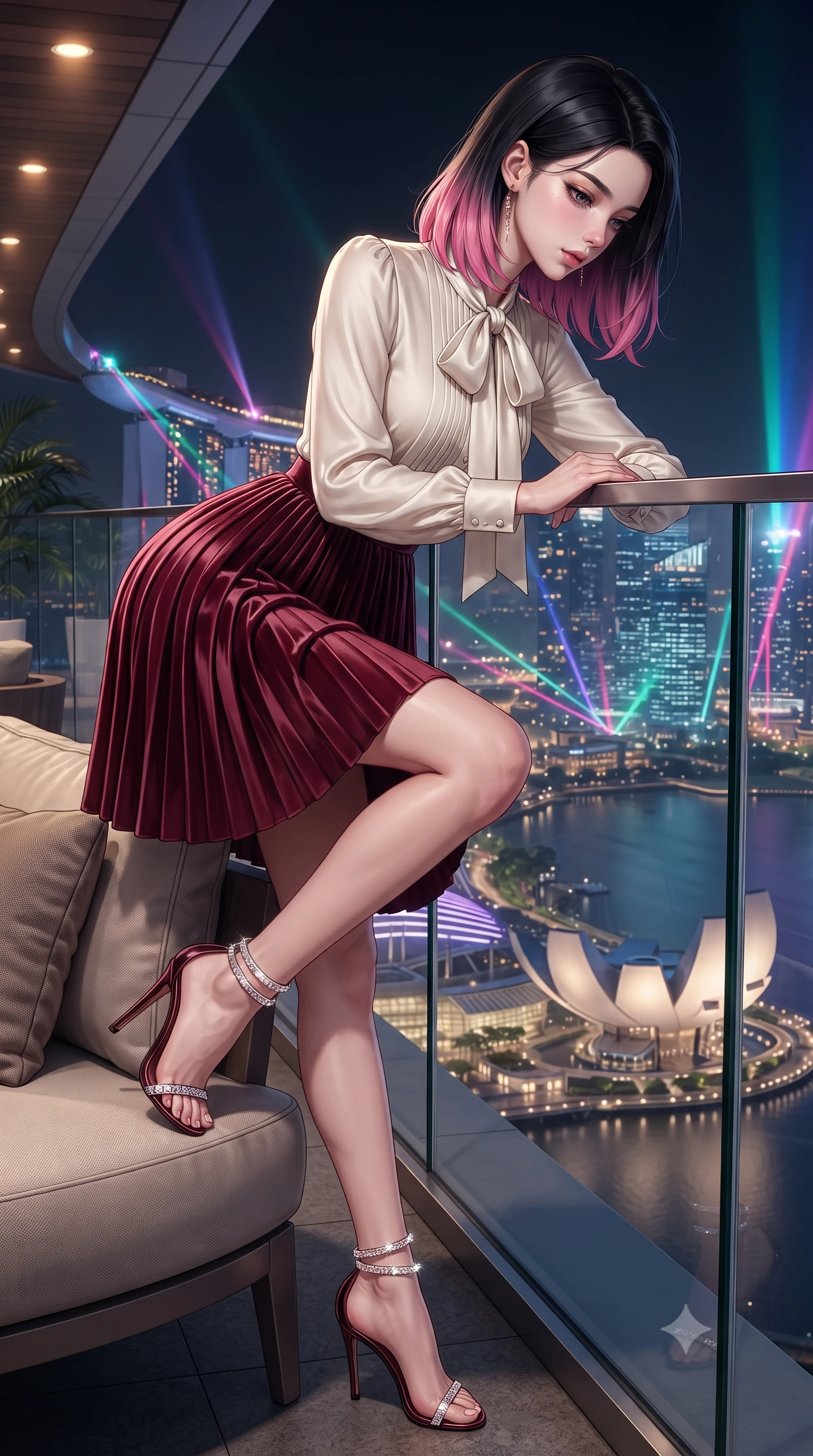 score_9, masterpiece, best quality, ultra-detailed, high-budget anime keyframe, editorial fashion photography, tasteful artistic composition, Korean woman. close-up cowboy shot from the waist and thighs up, the character dominates the composition, filling the frame with her large presence. perched sideways on the lounge seat, one knee drawn up to showcase her slender leg line while her arched back accentuates her feminine hip curve while leaning against the frameless structural glass railing with hips cocked back, looking down at the illuminated ArtScience Museum with heavy-lidded bedroom-eyes. The surrounding environment is rendered in vivid detail and crisp panoramic clarity: detailed garment tailoring, bodycon or sheer fit, and futuristic mega-structure engineering in razor-sharp precision. She has an exceptionally elegant, slender, and willowy female figure with an ultra-slim waist, flat toned midriff, narrow ribcage, and sculpted feminine hips creating an alluring, slim hourglass silhouette without bulk. sharp v-shaped jawline, high-bridge nose, intricate jewel-like sparkling eyes with depth, thick eyelashes, glossy parted lips with a natural peach sheen, bright cheerful beaming smile with an enchanting and coquettish sensual glint, exuding both youthful cute charm and seductive allure, flawlessly proportioned anatomical accuracy, strict slender model proportions, natural body alignment, perfectly sculpted long slender limbs, ultra-slim waistline, clean dynamic posture without body distortion. wearing an elegant long-sleeve silk georgette tea dress with pleated A-line skirt and neck pussy-bow in Belvedere ivory pearl and Habsburg bordeaux wine, tailored from ultra-plush silk velvet with rich tactile depth and deep shadow gradients, complemented by strappy stiletto sandals with crystal ankle wraps accentuating her slender calves, the bespoke structured tailoring following the natural line of her 8.5-heads silhouette with refined elegance. bathed in the dynamic multi-colored ambient of the illuminated bay lasers contrasted with warm 2900K recessed deck cove downlights. ultra-reflective glossy finish, specular highlights, rich textural contrasts, high-contrast stereoscopic depth, volumetric dynamic lighting, 2k, ultra detail, master piece, 9:16 ratio