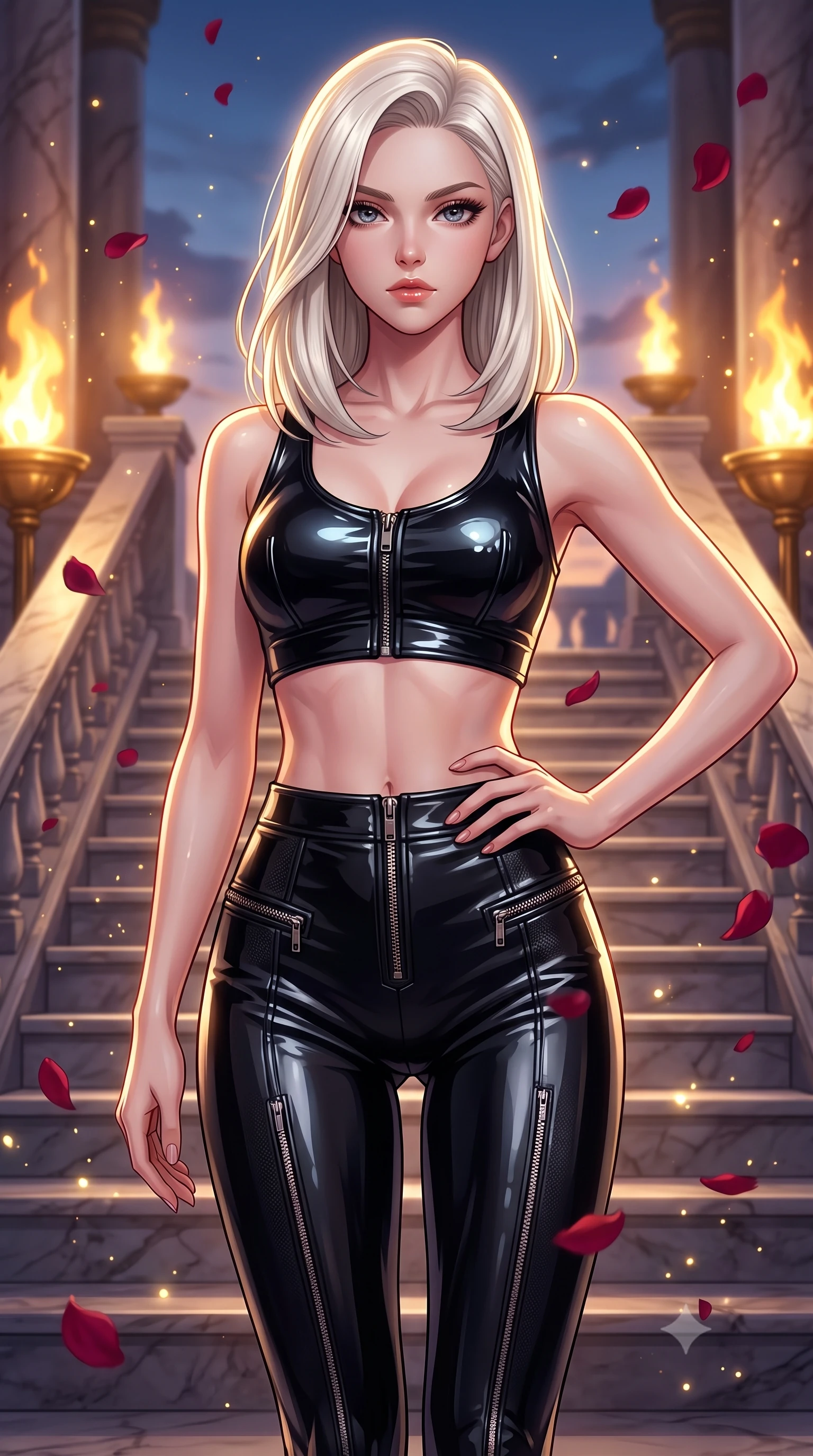 score_9, masterpiece, best quality, ultra-detailed, high-budget anime keyframe, editorial fashion photography, tasteful artistic composition, Caucasian woman. close-up cowboy shot from the waist and thighs up, the character dominates the composition, filling the frame with her large presence, background elements kept in soft focus. Holding a confident power pose with one hand on her hip, gazing directly into the camera with quiet intensity descending a grand marble staircase flanked by golden torch flames at dusk, floating rose petals and golden dust motes sparkling in the air. She has an exceptionally elegant, slender, and willowy female figure with an ultra-slim waist, a gracefully sculpted slender torso, and a refined silhouette. sharp v-shaped jawline, high-bridge nose, intricate jewel-like eyes with depth, thick eyelashes, glossy lips with a natural sheen. wearing a glossy vinyl crop top and high-waist tailored leggings with sleek metallic zippers, the glove-like fit emphasizing her statuesque silhouette. surrounded by a bright, luxurious aura of warm sunshine and sky reflections. highly saturated vibrant anime colors, detailed shading with soft gradients, rich glossy textures, high-contrast stereoscopic depth, volumetric dynamic lighting, master piece, 9:16 ratio