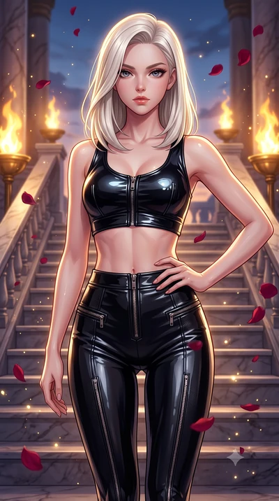 score_9, masterpiece, best quality, ultra-detailed, high-budget anime keyframe, editorial fashion photography, tasteful artistic composition, Caucasian woman. close-up cowboy shot from the waist and thighs up, the character dominates the composition,
