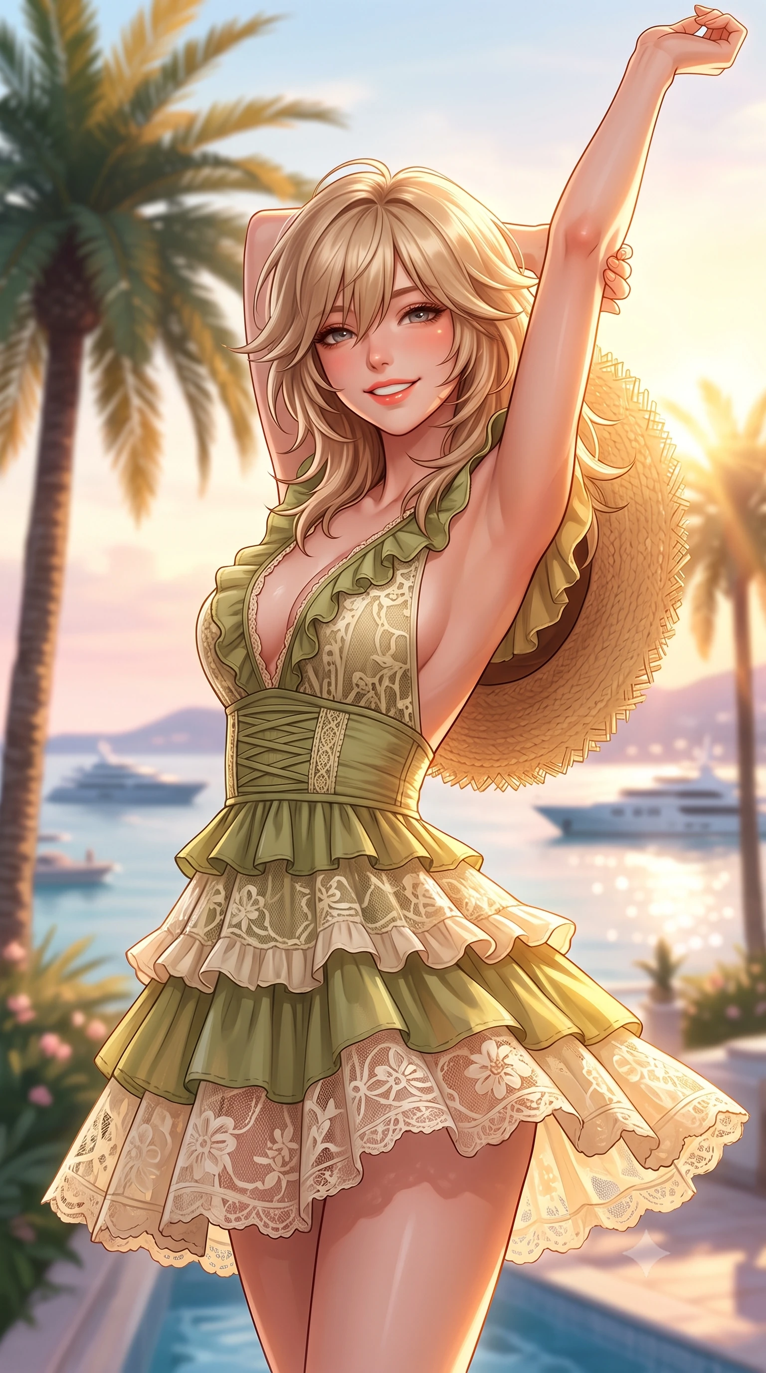 score_9, masterpiece, best quality, ultra-detailed, high-budget anime keyframe, semi-realistic 3D game render, editorial fashion photography, tasteful artistic composition, Japanese woman. close-up cowboy shot from the waist and thighs up, the character dominates the composition, filling the frame with her large presence. playfully stretching one arm overhead toward the setting sun, her radiant smile capturing fresh girlhood charm while her arched torso reveals an intoxicating hip contour while twisting her slender torso in an alluring contrapposto stance, her high-fashion resort gown catching the evening sea breeze. The composition keeps background elements in soft focus with dreamy creamy bokeh. towering Canary Island date palms and the glistening Cannes bay dotted with mega-yachts blurred into champagne, rose, and azure bokeh. She has an exceptionally elegant, slender, and willowy female figure with an ultra-slim waist, flat toned midriff, narrow ribcage, and sculpted feminine hips creating an alluring, slim hourglass silhouette without bulk. sharp v-shaped jawline, high-bridge nose, sparkling amber-hazel eyes with depth, long lush eyelashes, glossy sun-kissed lips with a warm coral glaze, radiant teasing smile with sensual sunlit bedroom-eyes, exuding effortless old-money elegance and intoxicating sun-drenched allure, flawlessly proportioned anatomical accuracy, strict slender model proportions, natural body alignment, perfectly sculpted long slender limbs, ultra-slim waistline, clean dynamic posture without body distortion. wearing a tiered ruffled chiffon resort mini dress with an ultra-slim corseted waist and open back in matcha olive green and warm vanilla cream, crafted from sheer delicate crochet lace with intricate bohemian floral motifs, complemented by a wide-brim straw sunhat held casually behind her back, the form-contouring cut accentuating her sculpted flat midriff, narrow delicate ribcage, and gracefully curvy hips with sun-drenched supermodel elegance. bathed in brilliant golden hour sunset illumination streaming across the French Riviera coastline. highly saturated vibrant anime colors, detailed shading with soft gradients, rich glossy textures, high-contrast stereoscopic depth, volumetric dynamic lighting, master piece, 9:16 ratio