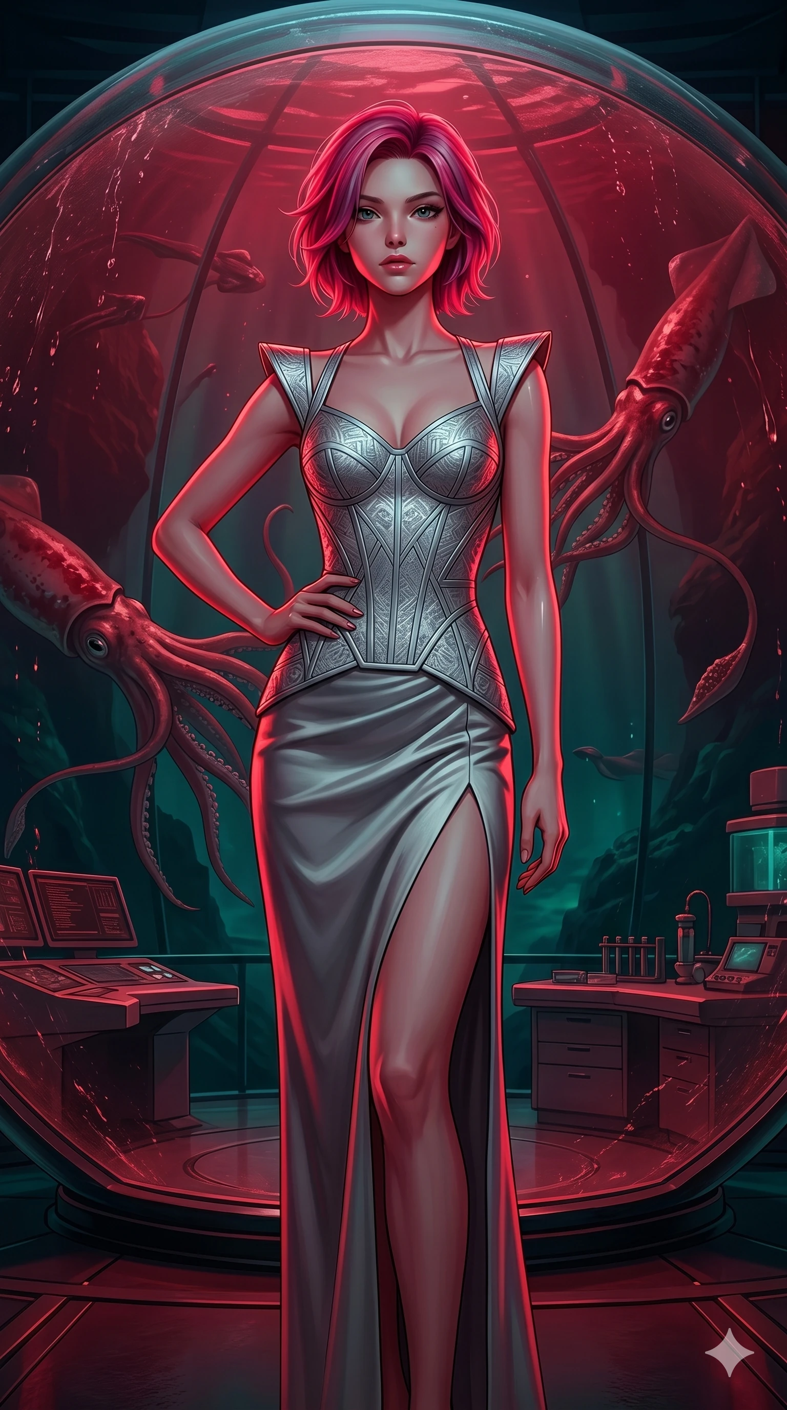 score_9, masterpiece, best quality, ultra-detailed, high-budget anime keyframe, editorial fashion photography, tasteful artistic composition, Caucasian woman, strictly human ears. cowboy shot from the thighs up, character and outfit filling the frame for maximum editorial presence. Holding a confident power pose with one hand on her hip within a deep-sea laboratory enclosed in a giant glass sphere showing swimming giant squids. She has an absolutely perfect 8-heads proportion, an exceptionally tall and slender female figure with impossibly long slender legs and an ultra-slim waist. V-shaped jawline, high-bridge nose, intricate jewel-like eyes with depth, thick eyelashes, glossy lips with a natural sheen. wearing a structured bodice in silver jacquard with architectural shoulder straps, paired with a matching high-slit column skirt in heavy silk crepe. drenched in deep crimson theatrical lighting with sharp specular highlights on every curve. 2k, ultra detail, master piece, 9:16 ratio