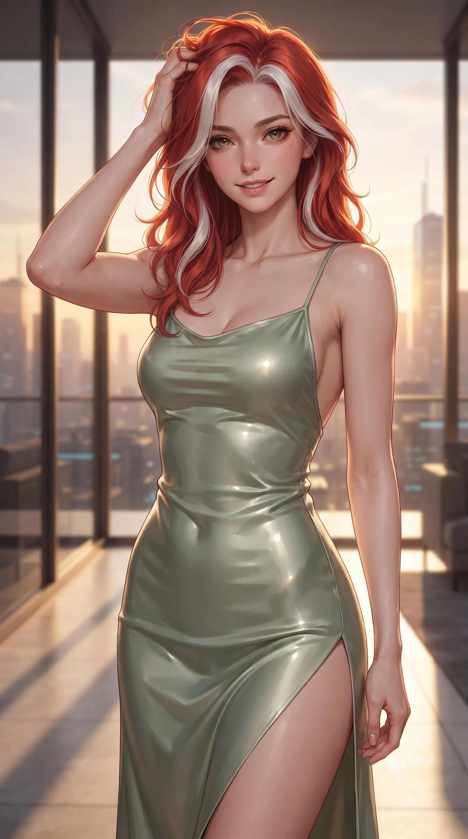 score_9, masterpiece, best quality, ultra-detailed, high-budget anime keyframe, editorial fashion photography, tasteful artistic composition, Caucasian woman. close-up cowboy shot from the waist and thighs up, the character dominates the composition, filling the frame with her large presence, background elements kept in soft focus. slowly running a hand through her hair, smiling with quiet, magnetic self-assurance directly into the camera, the background shows a soft-focus a lounge balcony window overlooking a futuristic skyline at golden hour. She has an exceptionally elegant, slender, and willowy female figure with an ultra-slim waist, a gracefully sculpted slender torso, and a refined silhouette. sharp v-shaped jawline, high-bridge nose, intricate jewel-like eyes with depth, thick eyelashes, glossy lips with a natural sheen. wearing a slim-fit lightweight silk combat slip dress in sage green, featuring a high side slit and a low-cut back. golden hour sunset light casting long geometric frame shadow lines. ultra-reflective glossy finish, specular highlights, metallic sheen, high-contrast stereoscopic depth, volumetric dynamic lighting, 2k, ultra detail, master piece, 9:16 ratio