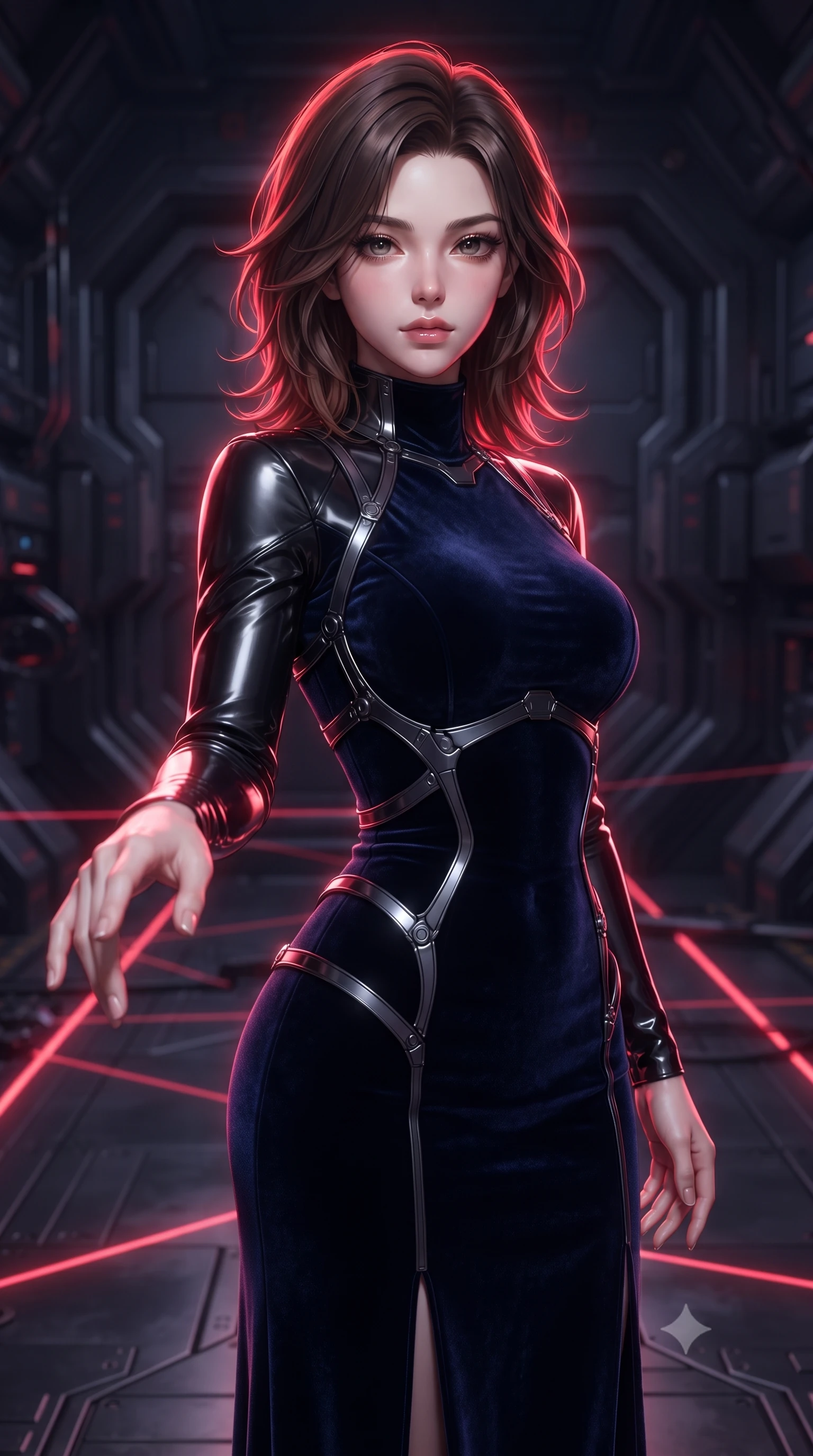 score_9, masterpiece, best quality, ultra-detailed, high-budget anime keyframe, editorial fashion photography, tasteful artistic composition, Korean woman. close-up cowboy shot from the waist and thighs up, the character dominates the composition, filling the frame with her large presence, background elements kept in soft focus. Reaching one hand toward the viewer with relaxed dark elegance, navigating a dark alloy corridor with heavy reinforced blast doors, glowing red and dark violet laser lines scanning across dark metallic floors. She has an exceptionally elegant, slender, and willowy female figure with an ultra-slim waist, a gracefully sculpted slender torso, and a refined silhouette. sharp v-shaped jawline, high-bridge nose, intricate jewel-like eyes with depth, thick eyelashes, glossy lips with a natural sheen. wearing floor-length high-neck midnight navy velvet gown with long sleeves in pitch-black onyx, made of polished black leather, highlighted by a gunmetal metallic harness structure, contouring every curve with an exceptionally elegant silhouette. surrounded by a glowing red cybernetic aura with sharp rim highlights. ultra-reflective glossy finish, specular highlights, metallic sheen, high-contrast stereoscopic depth, volumetric dynamic lighting, 2k, ultra detail, master piece, 9:16 ratio