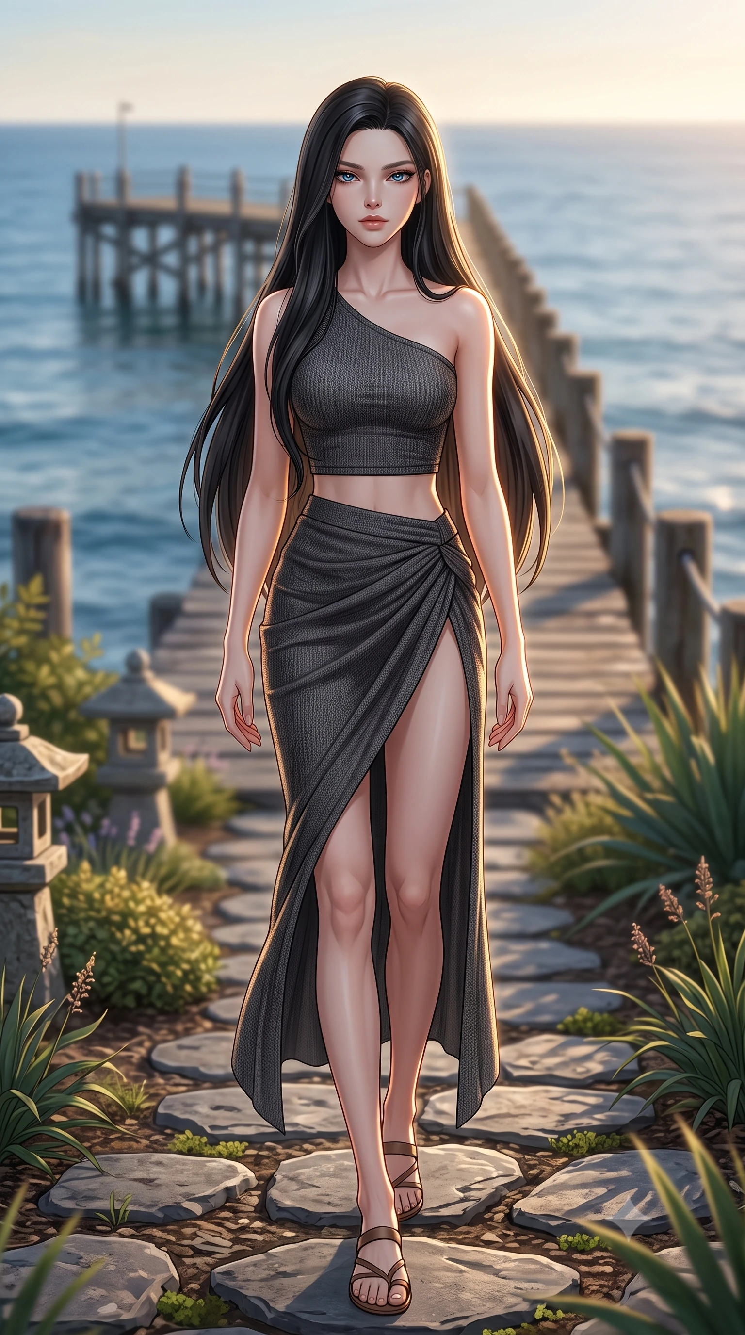 score_9, masterpiece, best quality, ultra-detailed, high-budget anime keyframe, editorial fashion photography, tasteful artistic composition, Korean woman woman. low angle full-body shot from head to toe showing her feet, filling the entire 9:16 vertical frame with her statuesque presence, stretching her vertical silhouette. stepping gracefully across a stone path in the garden the background shows a soft-focus the end of a long wooden pier stretching out into a calm blue ocean. She has an absolutely perfect, statuesque 8.5-heads proportion, an exceptionally tall and slender model-like female figure with impossibly long slender legs and an ultra-slim waist. sharp v-shaped jawline, high-bridge nose, intricate jewel-like eyes with depth, thick eyelashes, glossy lips with a natural sheen. wearing a slim-fit asymmetric one-shoulder crop top in charcoal knit, paired with a high-slit skirt. warm golden hour sunbeams tracing a soft glowing rim light along her figure. 2k, ultra detail, master piece, 9:16 ratio