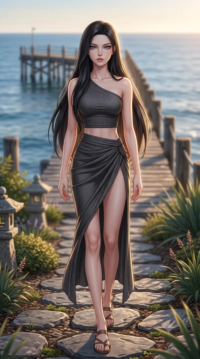 score_9, masterpiece, best quality, ultra-detailed, high-budget anime keyframe, editorial fashion photography, tasteful artistic composition, Korean woman woman. low angle full-body shot from head to toe showing her feet, filling the entire 9:16 vert