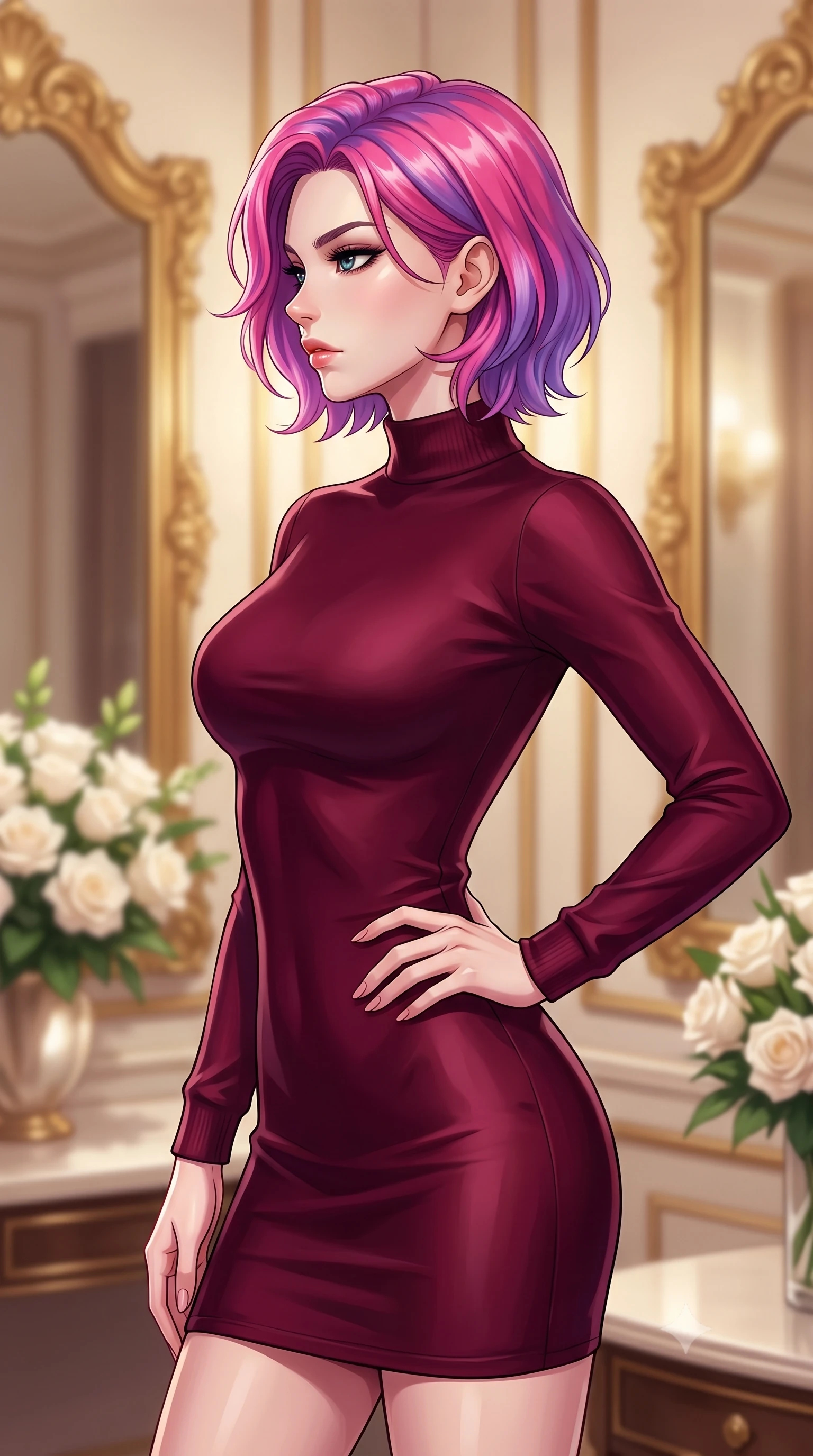 score_9, masterpiece, best quality, ultra-detailed, high-budget anime keyframe, tasteful artistic composition, Caucasian woman. close-up cowboy shot from the waist and thighs up, the character dominates the composition, filling the frame with her large presence, background elements kept in soft focus. turning her face in sharp profile, casting a cold, mysterious, yet intensely alluring side gaze, the background shows a soft-focus a luxury hotel suite corner with gold mirrors and white flower bouquets. She has an exceptionally elegant, slender, and willowy female figure with an ultra-slim waist, a gracefully sculpted slender torso, and a refined silhouette. sharp v-shaped jawline, high-bridge nose, intricate jewel-like eyes with depth, thick eyelashes, glossy lips with a natural sheen. wearing a form-contouring form-contouring bodycon sweater dress in deep burgundy, featuring a snug mock-neck. soft spotlighting highlighting the silk textures of her gown. highly saturated vibrant anime colors, cel-shading, 2d style, master piece, 9:16 ratio