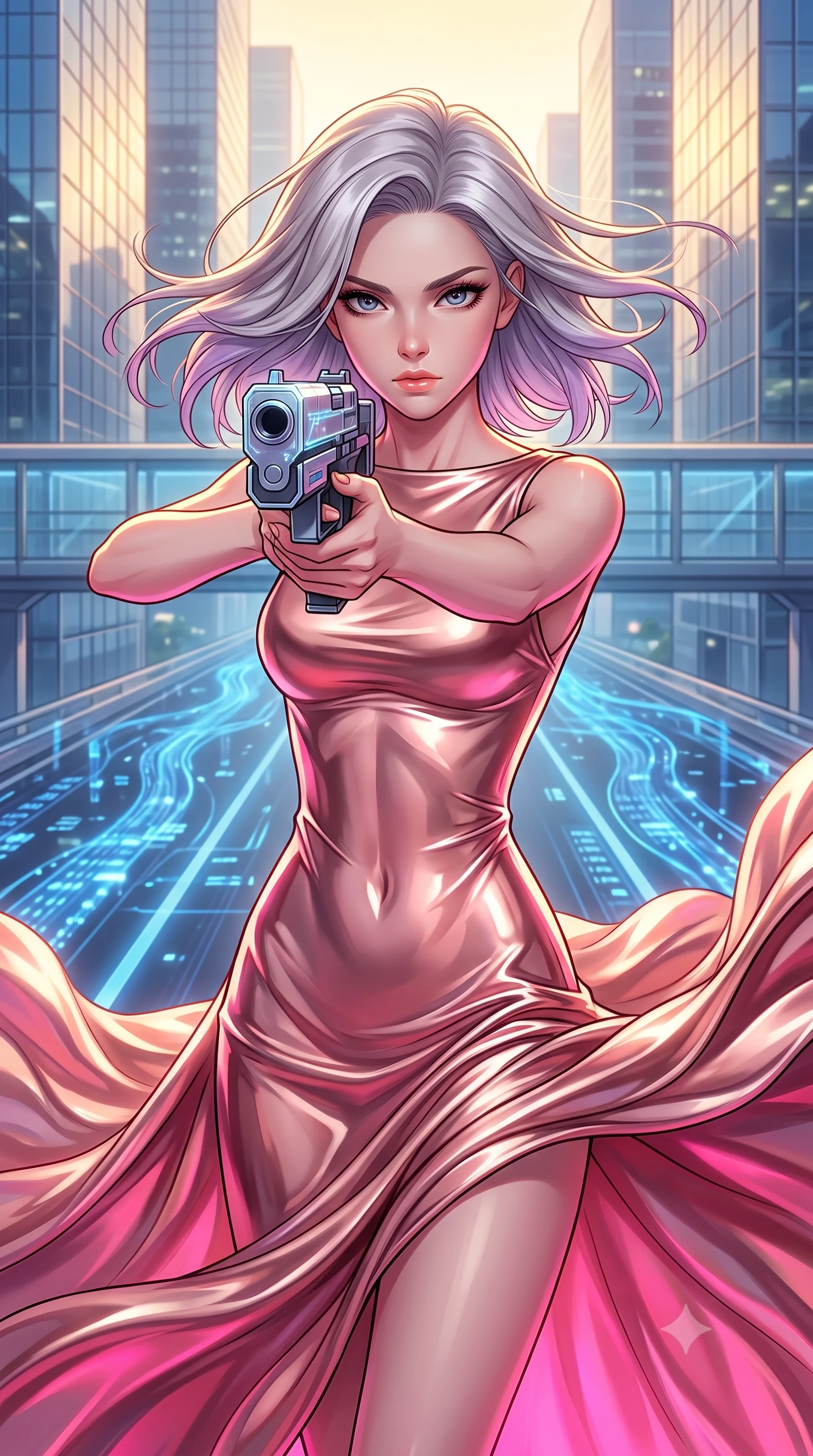 score_9, masterpiece, best quality, ultra-detailed, high-budget anime keyframe, editorial fashion photography, tasteful artistic composition, Caucasian woman, strictly human ears. close-up cowboy shot from the waist and thighs up, the character dominates the composition, filling the frame with her large presence, background elements kept in soft focus. Aiming a sleek holographic railgun with intense focused gaze and wind-blown hair. set against a soft-focus background of an elevated glass skyway between mirror-clad skyscrapers, blue data streams and light paths flowing in channels along the road. She has an exceptionally elegant and slender, willowy female figure with an ultra-slim waist, a gracefully sculpted slender torso, and a refined slim physique. sharp v-shaped jawline, high-bridge nose, intricate jewel-like eyes with depth, thick eyelashes, glossy lips with a natural sheen. wearing the lightweight fabric rippling and billowing dramatically with her movement, a tailored liquid metallic rose gold evening gown with a high boat neckline, flowing like liquid metal along her statuesque slender frame. highly saturated vibrant anime colors, intense vivid color palette, soft 3D volumetric shading, volumetric dynamic lighting, dramatic contrast of hot pink furnace glow from below and cool golden light from above. 2k, ultra detail, master piece, 9:16 ratio