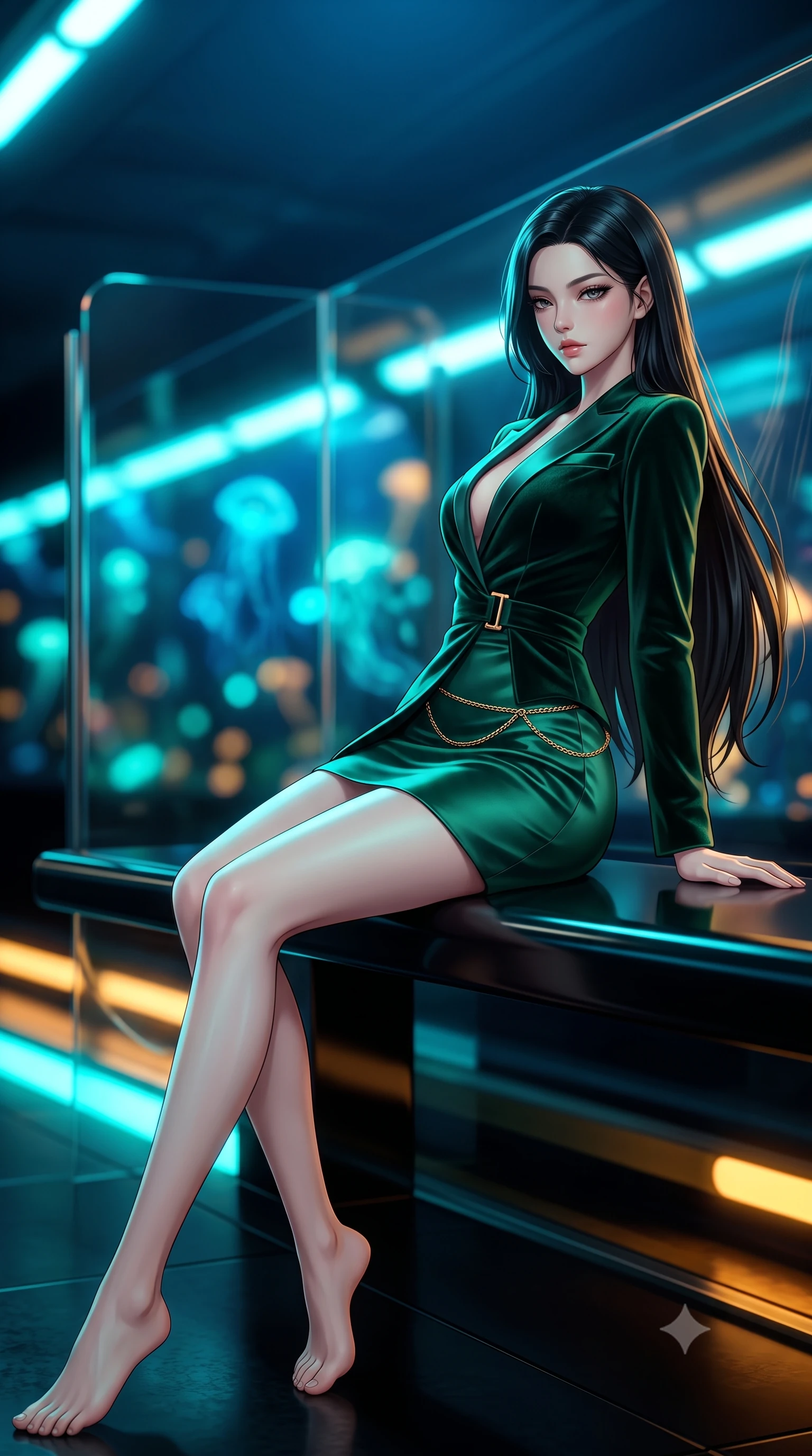 score_9, masterpiece, best quality, ultra-detailed, high-budget anime keyframe, semi-realistic 3D game render, editorial fashion photography, tasteful artistic composition, Korean woman. low angle full-body shot from head to toe showing her feet, filling the entire 9:16 vertical frame with her statuesque presence, stretching her vertical silhouette. posing with back turned slightly to the lens, glancing back with smoldering allure as she arches her lower back to emphasize her sculpted feminine hips and slender waist while reclining casually along a black obsidian waiting bench propped on one elbow, her slender waist and curved hips sculpted by pulsing subway neon lines. The composition keeps background elements in soft focus with creamy bokeh. bioluminescent deep-sea fauna and pulsing cyan track lights blurred into electric turquoise, sapphire, and amber bokeh through thick acrylic. She has an exceptionally tall and slender model-like 8.5-heads proportion, an ultra-slim waist, a flat toned midriff, narrow delicate ribcage, and beautifully sculpted feminine hips creating a graceful, slim hourglass silhouette without any bulky heaviness, with impossibly long slender legs. sharp v-shaped jawline, high-bridge nose, intricate jewel-like eyes with depth, thick eyelashes, glossy parted lips with a natural sheen, intensely captivating and seductive bedroom-eyes expression, flawlessly proportioned anatomical accuracy, strict slender model proportions, natural body alignment, perfectly sculpted long slender limbs, ultra-slim waistline, clean dynamic posture without body distortion. wearing a tailored velvet tuxedo jacket dress with satin lapels, worn with a deep plunge neckline and gold hip buckle in deep emerald green satin and gold hardware, tailored from ultra-smooth duchess satin with a pearlescent sheen, accented with a delicate gold chain belt resting loosely on her curvy hips, the form-contouring material adhering flawlessly to her sculpted flat midriff and slender torso, emphasizing her long leg lines and perfectly proportioned willowy build. bathed in high-contrast cyan and amber track edge lights contrasting with deep ocean blue overhead ambient glow. highly saturated vibrant anime colors, detailed shading with soft gradients, rich glossy textures, high-contrast stereoscopic depth, volumetric dynamic lighting, master piece, 9:16 ratio