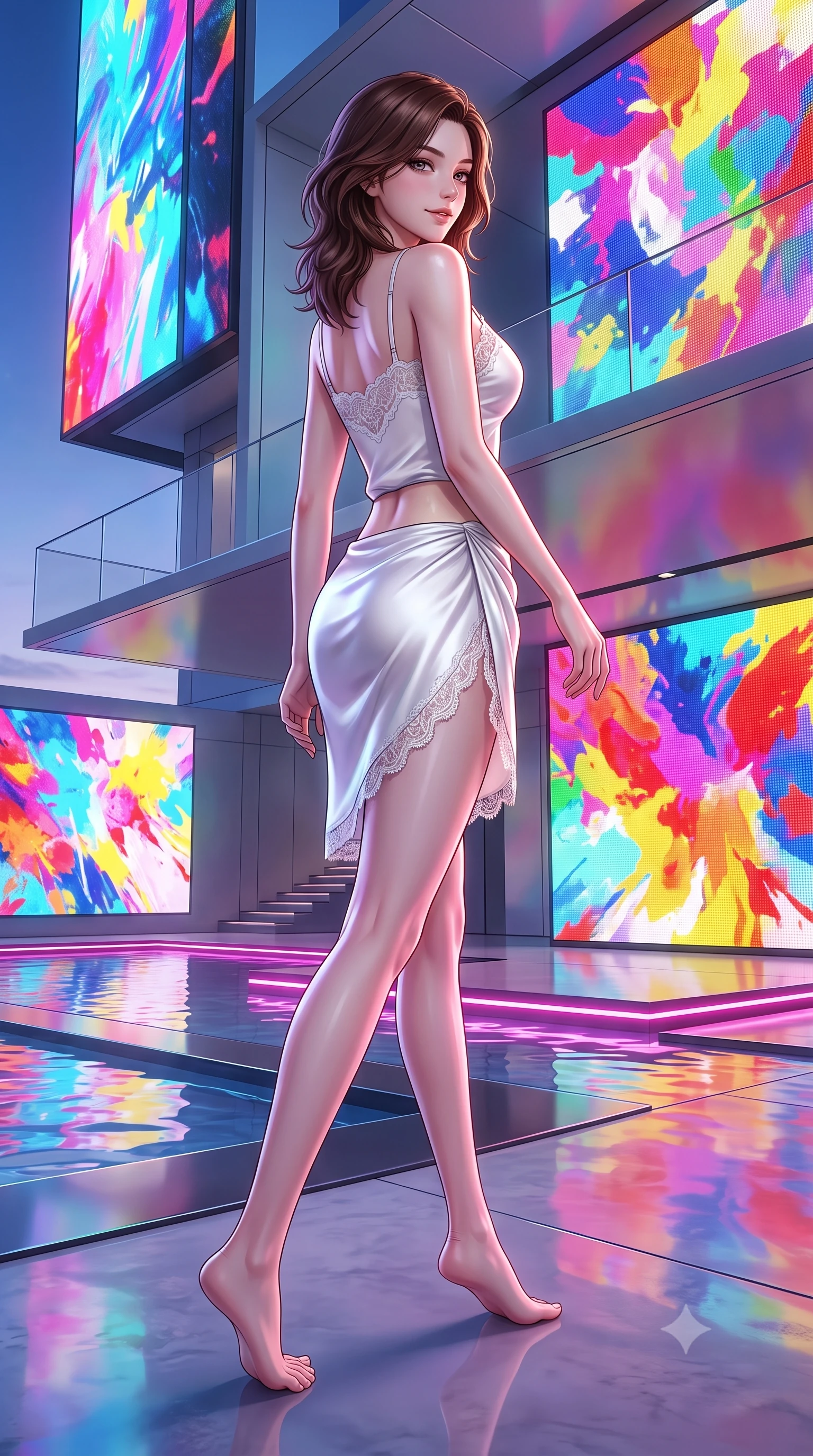 score_9, masterpiece, best quality, ultra-detailed, high-budget anime keyframe, semi-realistic 3D game render, editorial fashion photography, tasteful artistic composition, Korean woman. low angle full-body shot from head to toe showing her feet, filling the entire 9:16 vertical frame with her statuesque presence, stretching her vertical silhouette. walking along the terrace with poise, looking back over her bare shoulder with an irresistible smoldering bedroom-gaze while twisting her slender torso in an alluring contrapposto stance, giant advertising screen video projections painting vibrant colors across her curves. The surrounding environment is rendered in vivid detail and crisp panoramic clarity: detailed strapless boned corset swimsuit weave, silver neck collar shine, and cutting-edge cantilever engineering in razor-sharp precision. She has an absolutely perfect, statuesque 8.5-heads proportion, an exceptionally tall and slender model-like female figure with impossibly long slender legs, an ultra-slim waist, a flat toned midriff, narrow delicate ribcage, and beautifully sculpted feminine hips creating a graceful, slim hourglass silhouette without any bulky heaviness. sharp v-shaped jawline, high-bridge nose, sparkling eyes with hypnotic seductive depth, thick curled eyelashes, glossy parted lips with a natural dewy peach sheen, alluring bedroom-eyes with an enchanting coquettish smile, exuding magnetic siren charisma and sophisticated glamour, flawlessly proportioned anatomical accuracy, strict slender model proportions, natural body alignment, perfectly sculpted long slender limbs, ultra-slim waistline, clean dynamic posture without body distortion. wearing a delicate lace-trimmed silk camisole paired with a draped satin wrap sarong mini skirt with high side slit in pure pearl alabaster with platinum sheen, made of delicate semi-sheer French Chantilly lace with intricate eyelash edges, finished with scalloped eyelash lace trim framing her sweetheart neckline with intimate elegance, the second-skin tailored fabric adhering flawlessly to her sculpted flat midriff and slender torso, emphasizing her long leg lines and perfectly proportioned willowy build. illuminated by thermal water reflection bounce and sharp electric-pink rim lights sculpting her jawline, flat midriff, and curvy hips. highly saturated vibrant anime colors, detailed shading with soft gradients, rich glossy textures, high-contrast stereoscopic depth, volumetric dynamic lighting, master piece, 9:16 ratio