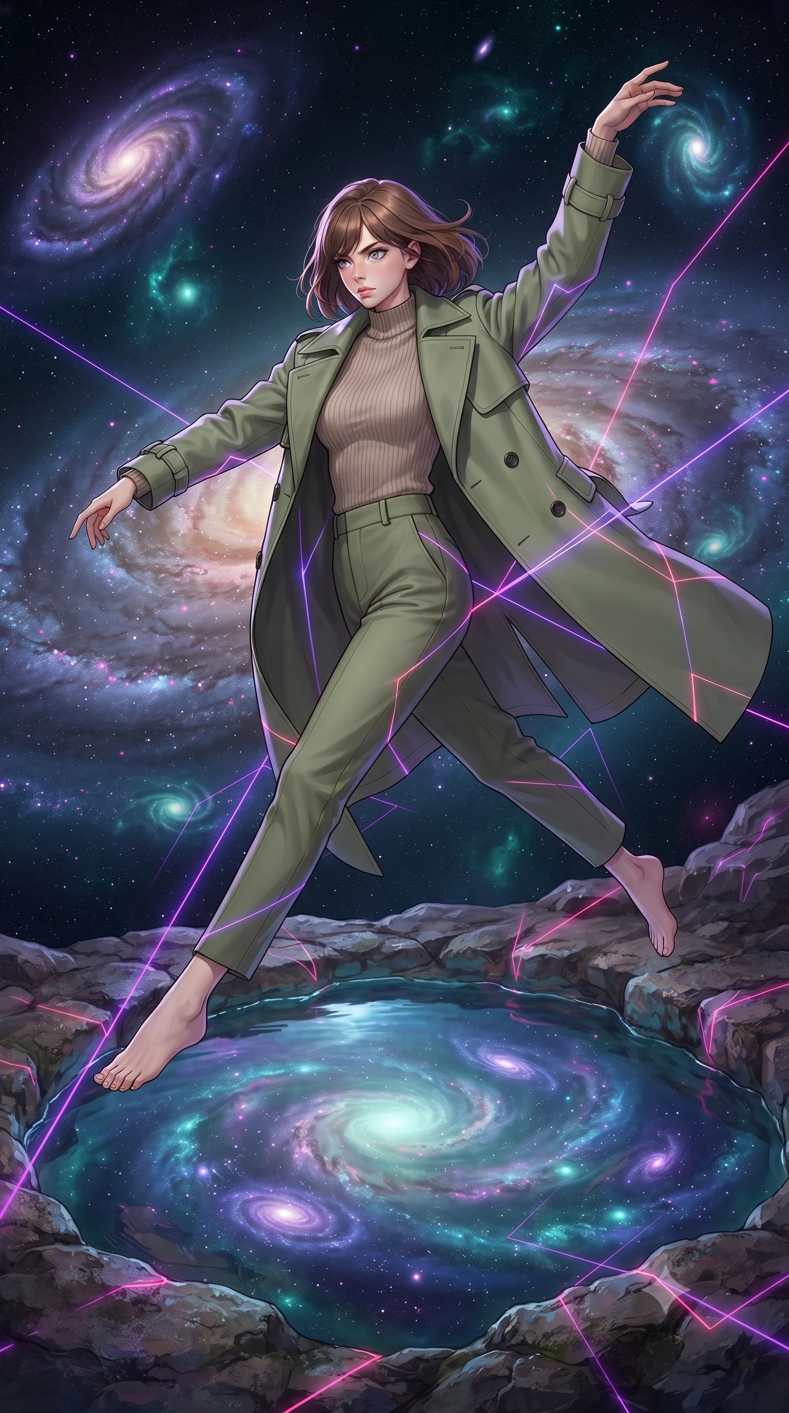 score_9, masterpiece, best quality, ultra-detailed, high-budget anime keyframe, editorial fashion photography, tasteful artistic composition, Caucasian woman, strictly human ears. low angle full-body shot from head to toe showing her feet, filling the entire 9:16 vertical frame with her statuesque presence, stretching her vertical silhouette. vaulting dynamically through a natural rock pool at the very edge of a spiral galaxy where cosmic gases collect in swirling bioluminescent patterns of violet and teal galaxies reflected in the still luminous surface. She has a statuesque 8.5-heads proportion, an exceptionally tall, slender and willowy model-like build with impossibly long legs and a highly sculpted ultra-slim waist. sharp v-shaped jawline, high-bridge nose, intricate jewel-like eyes with depth, thick eyelashes, glossy lips with a natural sheen. wearing a structured double-breasted trench in soft olive green over a beige ribbed knit mock-neck top and trousers. laser lines of violet and hot pink reflecting off surfaces casting geometric neon highlights. 2k, ultra detail, master piece, 9:16 ratio