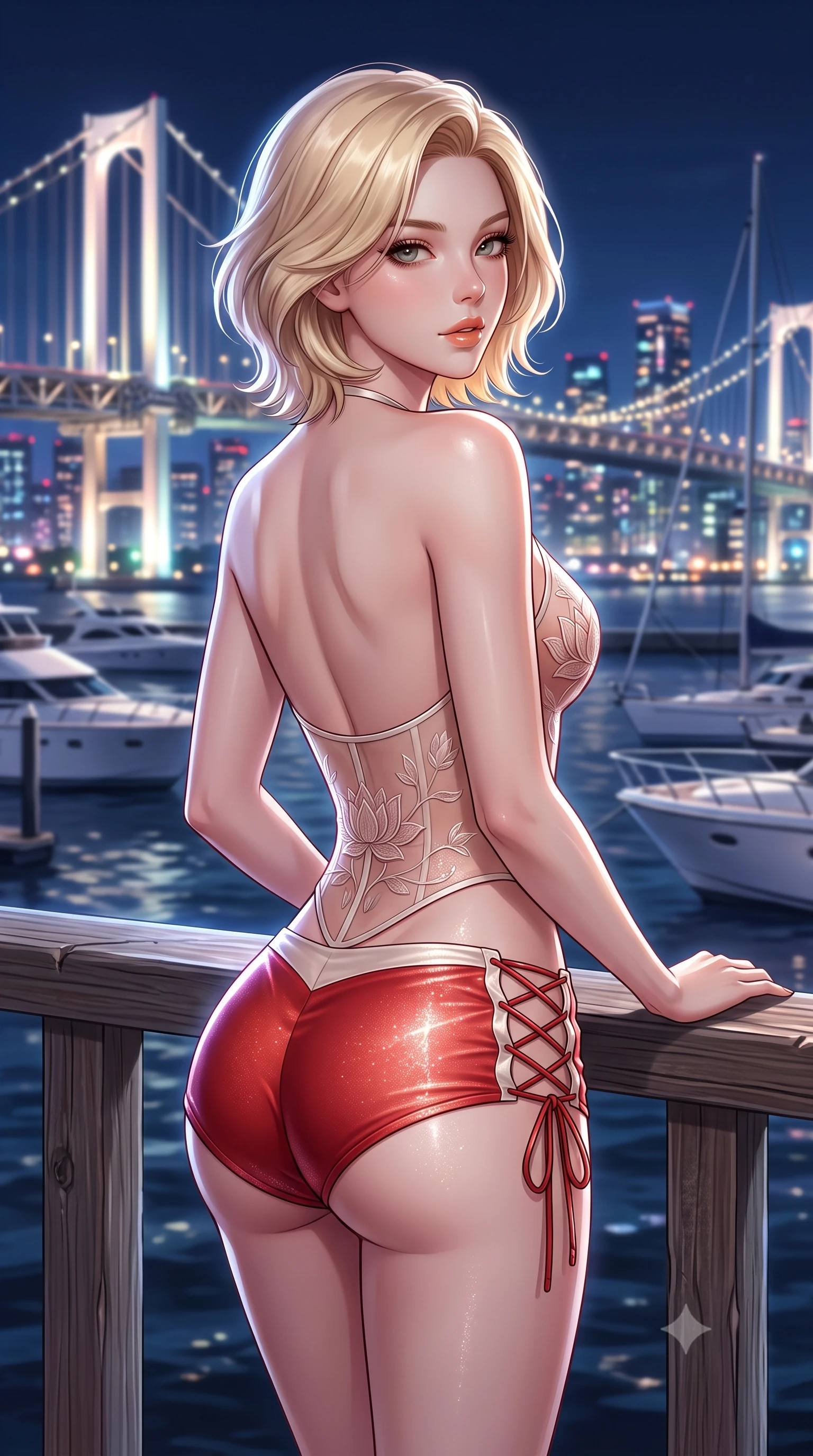score_9, masterpiece, best quality, ultra-detailed, high-budget anime keyframe, semi-realistic 3D game render, editorial fashion photography, tasteful artistic composition, Caucasian woman. close-up cowboy shot from the waist and thighs up, the character dominates the composition, filling the frame with her large presence. posing in an alluring rear three-quarter angle, looking over a bare shoulder with parted glossy lips, her hips cocked back to highlight her slim hourglass curve while standing at the pier wooden railing overlooking the illuminated suspension bridge, arching her back with breathtaking city-pop romance. The background shows a soft-focus moored luxury yachts softened in breezy maritime night shallow focus. She has an exceptionally elegant, slender, and willowy female figure with an ultra-slim waist, flat toned midriff, narrow ribcage, and sculpted feminine hips creating an alluring, slim hourglass silhouette without bulk. sharp v-shaped jawline, high-bridge nose, sparkling eyes with hypnotic seductive depth, thick curled eyelashes, glossy parted lips with a natural dewy peach sheen, alluring bedroom-eyes with an enchanting coquettish smile, exuding magnetic siren charisma and sophisticated glamour, flawlessly proportioned anatomical accuracy, strict slender model proportions, natural body alignment, perfectly sculpted long slender limbs, ultra-slim waistline, clean dynamic posture without body distortion. wearing a form-contouring sheer organza hanbok bodice with delicate lotus embroidery paired with low-rise silk hot-pants in royal vermilion crimson and pale ivory silk, woven from stretch metallic lurex jersey casting radiant starlight glints across her silhouette, featuring fine criss-cross lace-up side ties revealing tantalizing glimpses of her hip curve, the precision-cut side openings and low-back scoop framing her graceful spine and the sensual sweep of her slim, toned hips. illuminated by harbor water moonbeam bounce and sharp platinum rim lights defining her collarbones, narrow waist, and curvy hips. highly saturated vibrant anime colors, detailed shading with soft gradients, rich glossy textures, high-contrast stereoscopic depth, volumetric dynamic lighting, master piece, 9:16 ratio