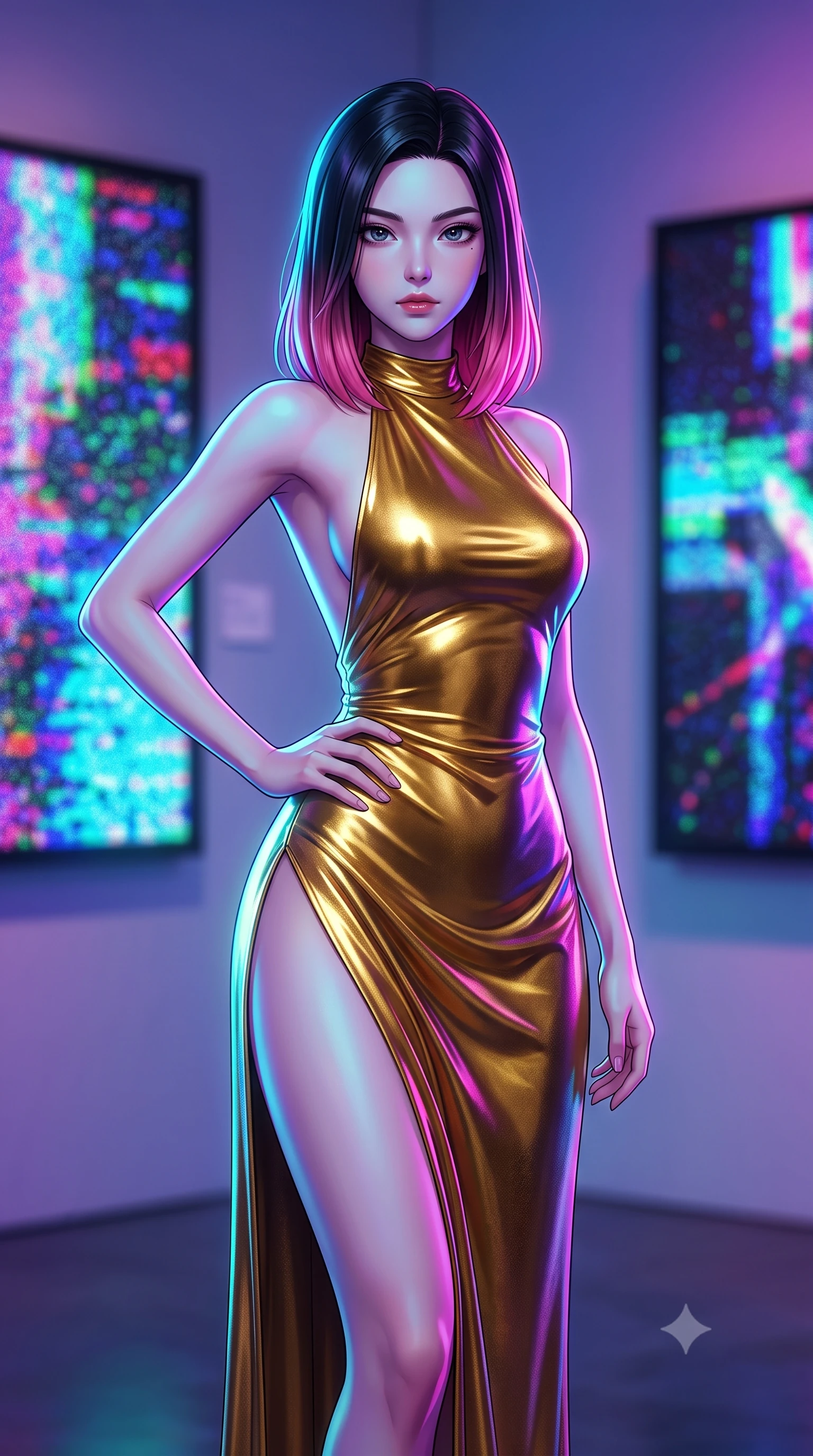 score_9, masterpiece, best quality, ultra-detailed, high-budget anime keyframe, editorial fashion photography, tasteful artistic composition, Korean woman woman. close-up cowboy shot from the waist and thighs up, the character dominates the composition, filling the frame with her large presence, background elements kept in soft focus. She has an exceptionally elegant, slender, and willowy female figure with an ultra-slim waist, a gracefully sculpted slender torso, and a refined silhouette. holding a confident power pose with one hand on her hip, looking directly into the camera with quiet self-assurance, flawlessly proportioned anatomical accuracy, natural body alignment, perfectly sculpted elegant limbs, clean dynamic posture without body distortion. set against a soft-focus background of a high-end gallery with RGB noise digital canvas displays. wearing a backless metallic gold halter gown with a daring high side slit to mid-thigh. bathed in dynamic shifting RGB neon lights creating dramatic high-contrast rim light. highly saturated vibrant anime colors, detailed shading with soft gradients, rich glossy textures, high-contrast stereoscopic depth, volumetric dynamic lighting, master piece, 9:16 ratio