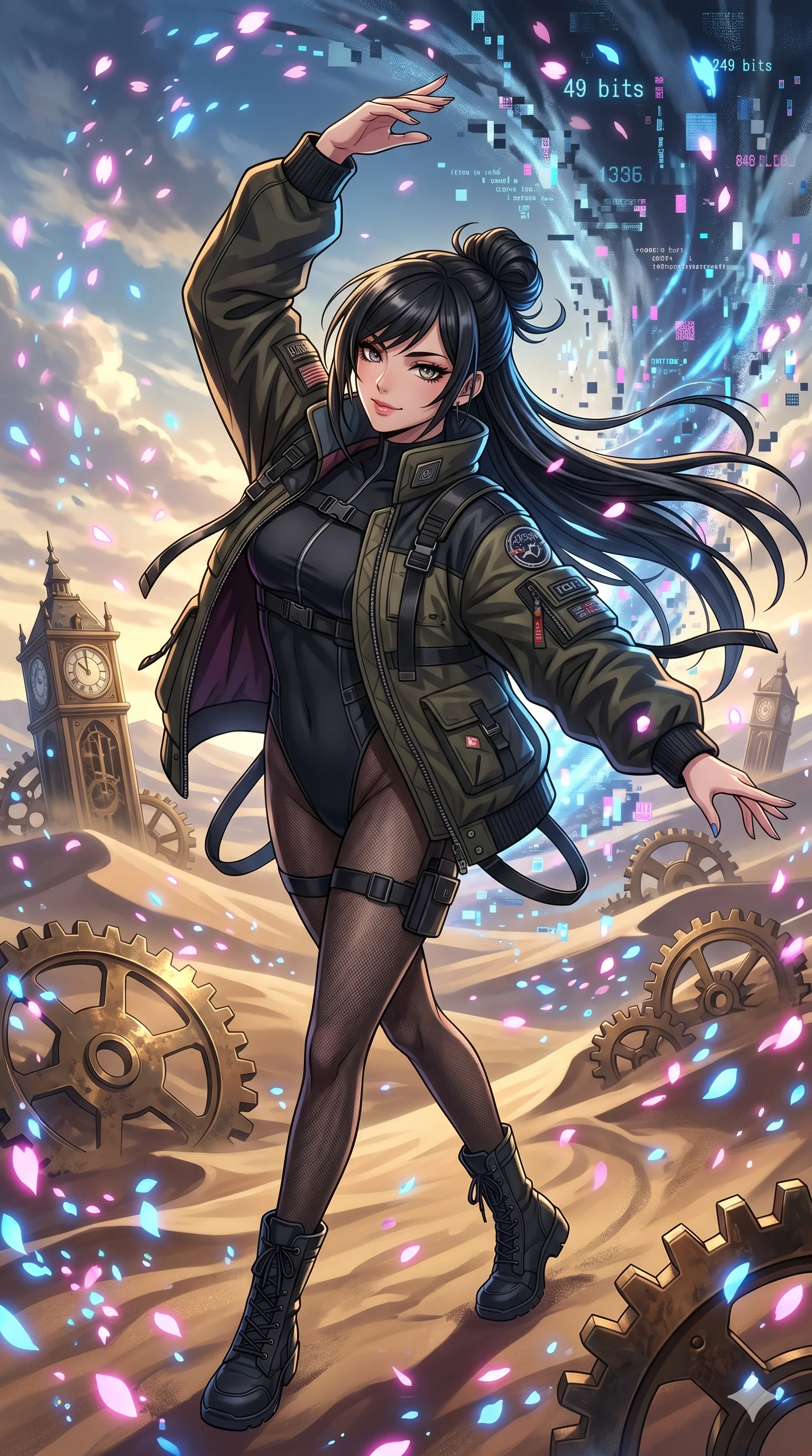score_9, masterpiece, best quality, ultra-detailed, Set A: High-budget Anime Keyframe, Japanese woman. Upper body close-up from the thighs up, character filling the screen for maximum presence. Dancing through a clockwork desert, while a digital blizzard of 49 bits obscures the horizon and surrounded by digital sakura petals. She has an absolutely perfect 8-heads proportion, an exceptionally tall and slender female figure with impossibly long slender legs and an ultra-slim waist. Sharp v-shaped jawline, high-bridge nose, intricate jewel-like eyes with depth, thick eyelashes, glossy lips with a natural sheen. Wearing Heavy tactical bomber jacket worn over a micro-bodysuit with mesh stockings. Cinematic lighting, vibrant colors, dramatic shadows, 2k, ultra detail, master piece, 9:16 ratio