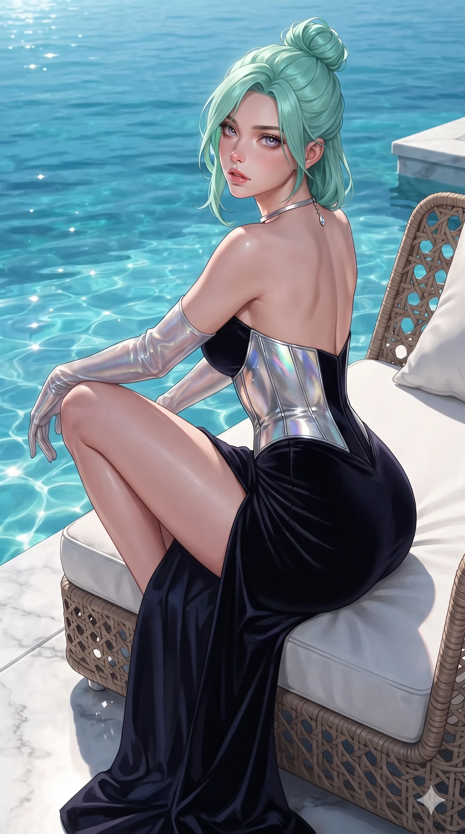 score_9, masterpiece, best quality, ultra-detailed, high-budget anime keyframe, editorial fashion photography, tasteful artistic composition, Japanese woman. close-up cowboy shot from the waist and thighs up, the character dominates the composition, filling the frame with her large presence. perched sideways on the lounge seat, one knee drawn up to showcase her slender leg line while her arched back accentuates her feminine hip curve while twisting her slender torso in an alluring contrapposto stance beside the water, Mediterranean sea reflections wrapping around her narrow waist and curvy hips. The surrounding environment is rendered in vivid detail and crisp panoramic clarity: sharp white Carrara marble terrace paving, crystal clear water surface caustics, and crisp carved baluster bevels in deep focus. She has an exceptionally elegant, slender, and willowy female figure with an ultra-slim waist, flat toned midriff, narrow ribcage, and sculpted feminine hips creating an alluring, slim hourglass silhouette without bulk. sharp v-shaped jawline, high-bridge nose, intricate jewel-like eyes with depth, thick eyelashes, glossy parted lips with a natural sheen, intensely captivating and seductive bedroom-eyes expression, flawlessly proportioned anatomical accuracy, strict slender model proportions, natural body alignment, perfectly sculpted long slender limbs, ultra-slim waistline, clean dynamic posture without body distortion. wearing a strapless velvet column gown with deep side slit, metallic leather corset bodice, and sheer opera gloves in iridescent mother-of-pearl and liquid molten silver, woven from buttery-soft stretch lambskin leather adhering to her body like a second skin, finished with a minimalist chrome choker and a single teardrop diamond pendant, the precision-cut side openings and low-back scoop framing her graceful spine and the sensual sweep of her slim, toned hips. bathed in azure sea reflection bounce and sharp white-gold rim lights defining her razor-sharp jawline and willowy build. ultra-reflective glossy finish, specular highlights, rich textural contrasts, high-contrast stereoscopic depth, volumetric dynamic lighting, 2k, ultra detail, master piece, 9:16 ratio