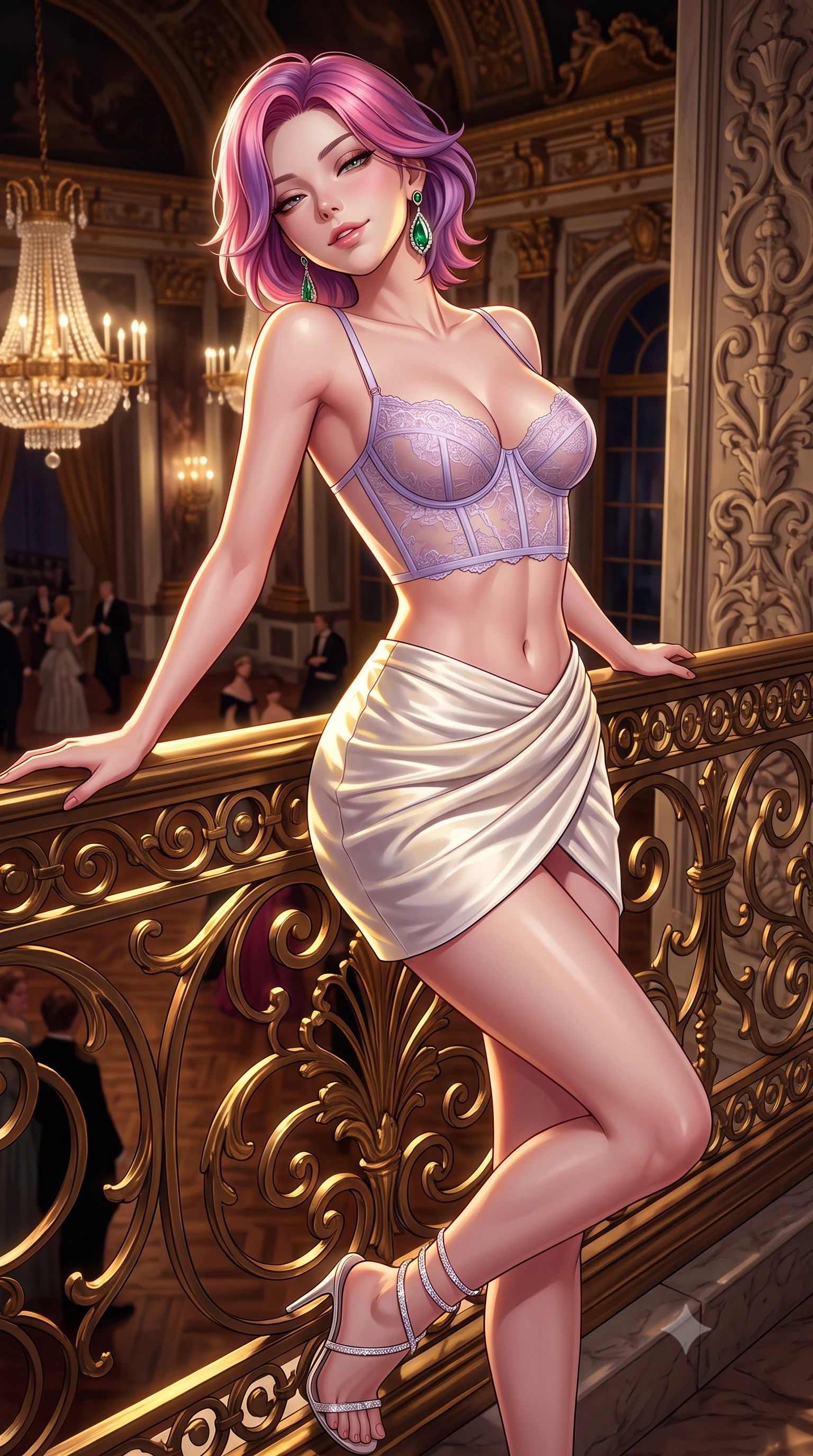 score_9, masterpiece, best quality, ultra-detailed, high-budget anime keyframe, semi-realistic 3D game render, editorial fashion photography, tasteful artistic composition, Caucasian woman. close-up cowboy shot from the waist and thighs up, the character dominates the composition, filling the frame with her large presence. leaning back against the balustrade with relaxed seductive grace, head tilted back slightly while casting a hypnotic, heavy-lidded gaze while standing framed against the ornate gilded wrought-iron balcony overlooking the grand ballroom, arching her spine with majestic royal siren presence. The surrounding environment is rendered in vivid detail and crisp panoramic clarity: detailed plunging cowl-neck liquid metallic gown drape, dangling emerald earring shine, and historic palace architecture in high resolution. She has an exceptionally elegant, slender, and willowy female figure with an ultra-slim waist, flat toned midriff, narrow ribcage, and sculpted feminine hips creating an alluring, slim hourglass silhouette without bulk. sharp v-shaped jawline, high-bridge nose, sparkling eyes with hypnotic seductive depth, thick curled eyelashes, glossy parted lips with a natural dewy peach sheen, alluring bedroom-eyes with an enchanting coquettish smile, exuding magnetic siren charisma and sophisticated glamour, flawlessly proportioned anatomical accuracy, strict slender model proportions, natural body alignment, perfectly sculpted long slender limbs, ultra-slim waistline, clean dynamic posture without body distortion. wearing a sculpted underwire demi-bustier in semi-sheer lace paired with an ultra-short draped tulip skirt in pure alabaster with golden sheen, tailored from ultra-plush velvet with rich tactile depth and deep shadow gradients, complemented by strappy stiletto sandals with crystal ankle wraps accentuating her slender calves, the precision-cut side openings and low-back scoop framing her graceful spine and the sensual sweep of her slim, toned hips. illuminated by gilded surface bounce and sharp platinum-gold rim lights sculpting her jawline, flat midriff, and voluptuous hip curves. highly saturated vibrant anime colors, detailed shading with soft gradients, rich glossy textures, high-contrast stereoscopic depth, volumetric dynamic lighting, master piece, 9:16 ratio