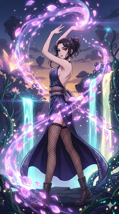 score_9, masterpiece, best quality, ultra-detailed, High-budget Anime Keyframe, vibrant colors, fluid line-art, expressive lighting, cinematic composition, Ufotable-style visual effects, top-tier animation quality, Japanese woman with delicate and el