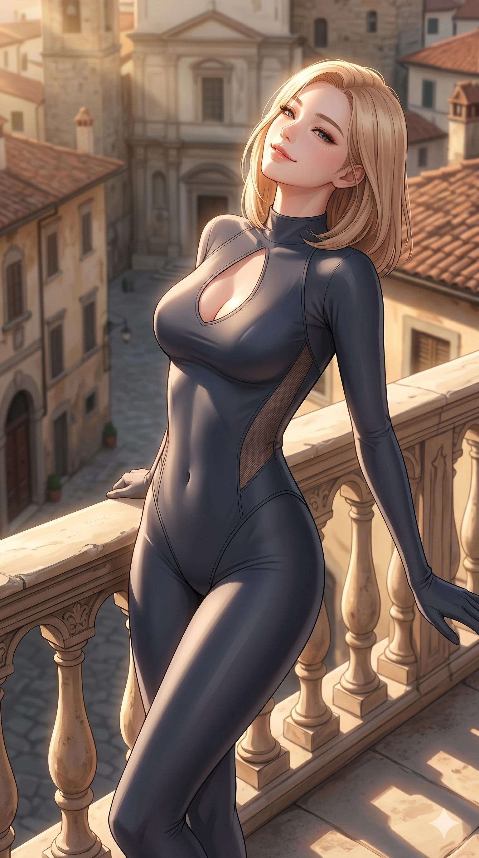 score_9, masterpiece, best quality, ultra-detailed, high-budget anime keyframe, editorial fashion photography, tasteful artistic composition, Korean woman. cowboy shot from the thighs up, character and outfit filling the frame for maximum editorial presence. leaning back gracefully with a serene, relaxed smile, letting the warm sun wash over her face leaning against the railing of a sunlit private rooftop terrace overlooking a historic European town (Code-P120). She has an absolutely perfect 8-heads proportion, an exceptionally tall and slender female figure with impossibly long slender legs and an ultra-slim waist. V-shaped jawline, high-bridge nose, intricate jewel-like eyes with depth, thick eyelashes, glossy lips with a natural sheen. wearing a sleek, glove-like bodysuit with elegant keyhole cutout and side mesh panels. bathed in warm afternoon sunbeams casting long, soft shadows and highlighting her slender waist. 2k, ultra detail, master piece, 9:16 ratio