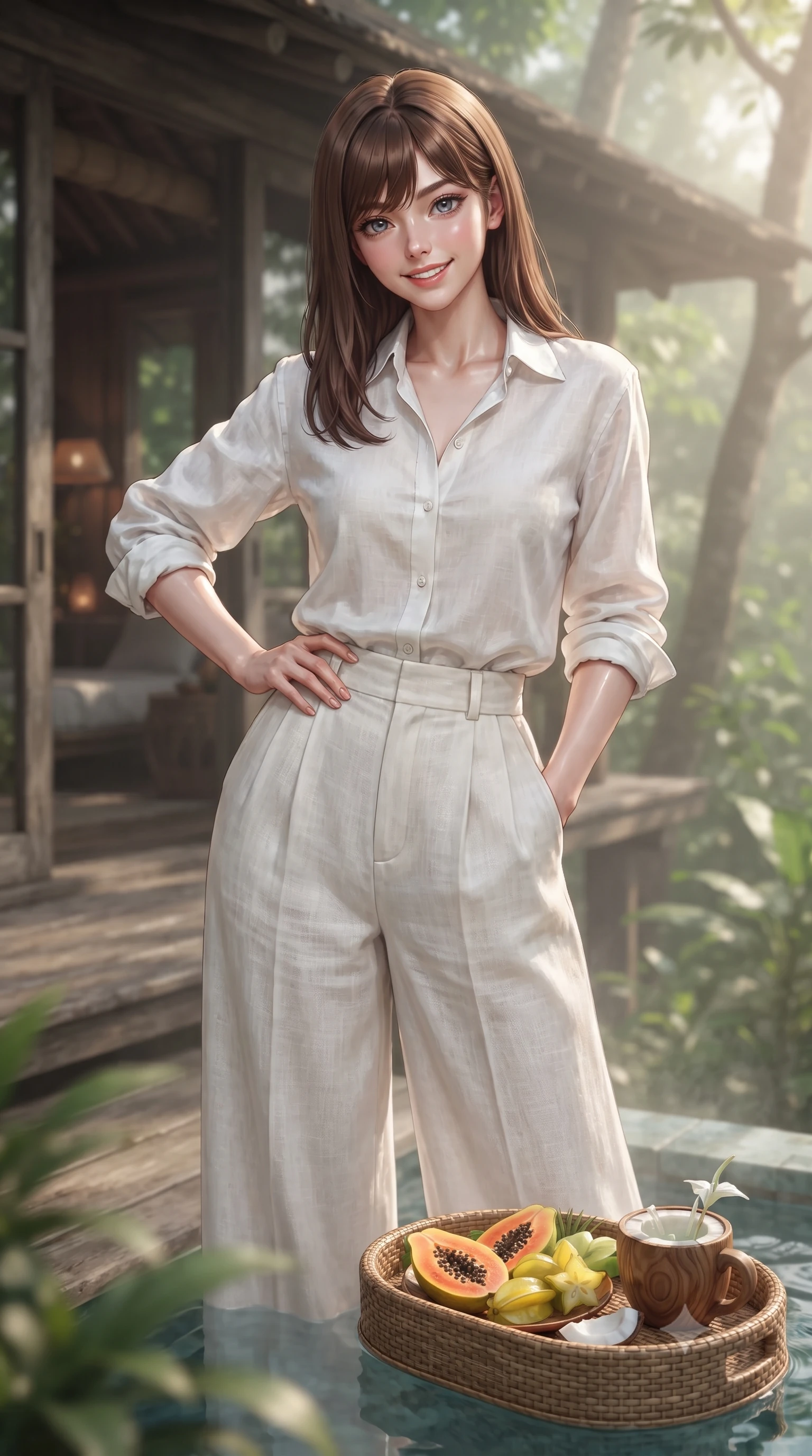 score_9, masterpiece, best quality, ultra-detailed, high-budget anime keyframe, editorial fashion photography, tasteful artistic composition, Korean woman. close-up cowboy shot from the waist and thighs up, the character dominates the composition, filling the frame with her large presence, background elements kept in soft focus. smiling with cute and bright self-assurance, looking directly at the viewer set against a soft-focus background of on a rustic wooden veranda of a cozy forest lodge surrounded by greenery with a small pool tray floating on the water with tropical snacks. She has an exceptionally elegant, slender, and willowy female figure with an ultra-slim waist, a gracefully sculpted slender torso, and a refined silhouette. sharp v-shaped jawline, high-bridge nose, intricate jewel-like eyes with depth, thick eyelashes, glossy lips with a natural sheen. wearing slim-fit casual resort wear linen shirt in white, paired with wide-leg linen pants. soft morning mist diffusing the warm sunlight, creating a peaceful wash. ultra-reflective glossy finish, specular highlights, metallic sheen, high-contrast stereoscopic depth, volumetric dynamic lighting, 2k, ultra detail, master piece, 9:16 ratio
