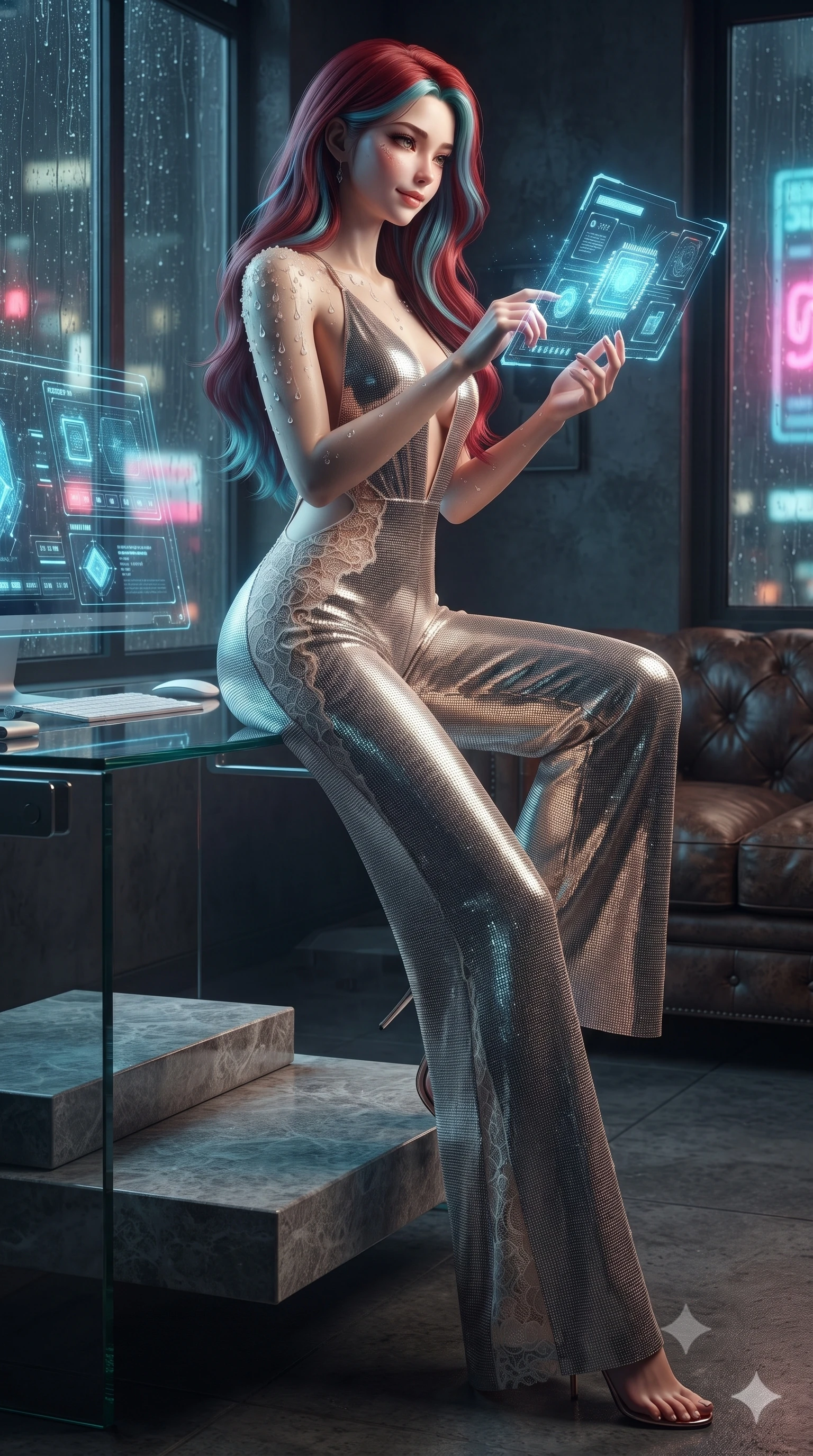 score_9, masterpiece, best quality, ultra-detailed, high-budget anime keyframe, editorial fashion photography, tasteful artistic composition, Caucasian woman. low angle full-body shot from head to toe showing her feet, filling the entire 9:16 vertical frame with her statuesque presence, stretching her vertical silhouette. sitting poised on the stone steps with one knee bent, arching her spine with supermodel elegance as she glances upward through thick eyelashes while perched sideways on the glass desk with one leg extended, toying with a holographic interface chip with smoldering bedroom-eyes. The surrounding environment is rendered in vivid detail and crisp panoramic clarity: sharp holographic UI lines, rain stream rivulets on exterior glass, and distressed leather sofa grain in deep focus. She has an absolutely perfect, statuesque 8.5-heads proportion, an exceptionally tall and slender model-like female figure with impossibly long slender legs, an ultra-slim waist, a flat toned midriff, narrow delicate ribcage, and beautifully sculpted feminine hips creating a graceful, slim hourglass silhouette without any bulky heaviness. sharp v-shaped jawline, high-bridge nose, sparkling eyes with hypnotic seductive depth, thick curled eyelashes, glossy parted lips with a natural dewy peach sheen, alluring bedroom-eyes with an enchanting coquettish smile, exuding magnetic siren charisma and sophisticated glamour, flawlessly proportioned anatomical accuracy, strict slender model proportions, natural body alignment, perfectly sculpted long slender limbs, ultra-slim waistline, clean dynamic posture without body distortion. wearing a backless plunge-front silk satin jumpsuit with fluid wide-leg silhouette and side hip cutouts in dusky blush pink and warm ivory lace, crafted from shimmering fluid chainmail mesh reflecting ambient lights, finished with glistening drops of pool water beading across her sculpted shoulders and collarbones, the liquid-tight tailored fabric clinging flawlessly to her narrow waist and rounded feminine hips, emphasizing every millimeter of her sculpted slim hourglass curves without any bulky heaviness. bathed in moody chiaroscuro lighting spilling from glowing holographic displays and exterior city neon. ultra-reflective glossy finish, specular highlights, rich textural contrasts, high-contrast stereoscopic depth, volumetric dynamic lighting, 2k, ultra detail, master piece, 9:16 ratio