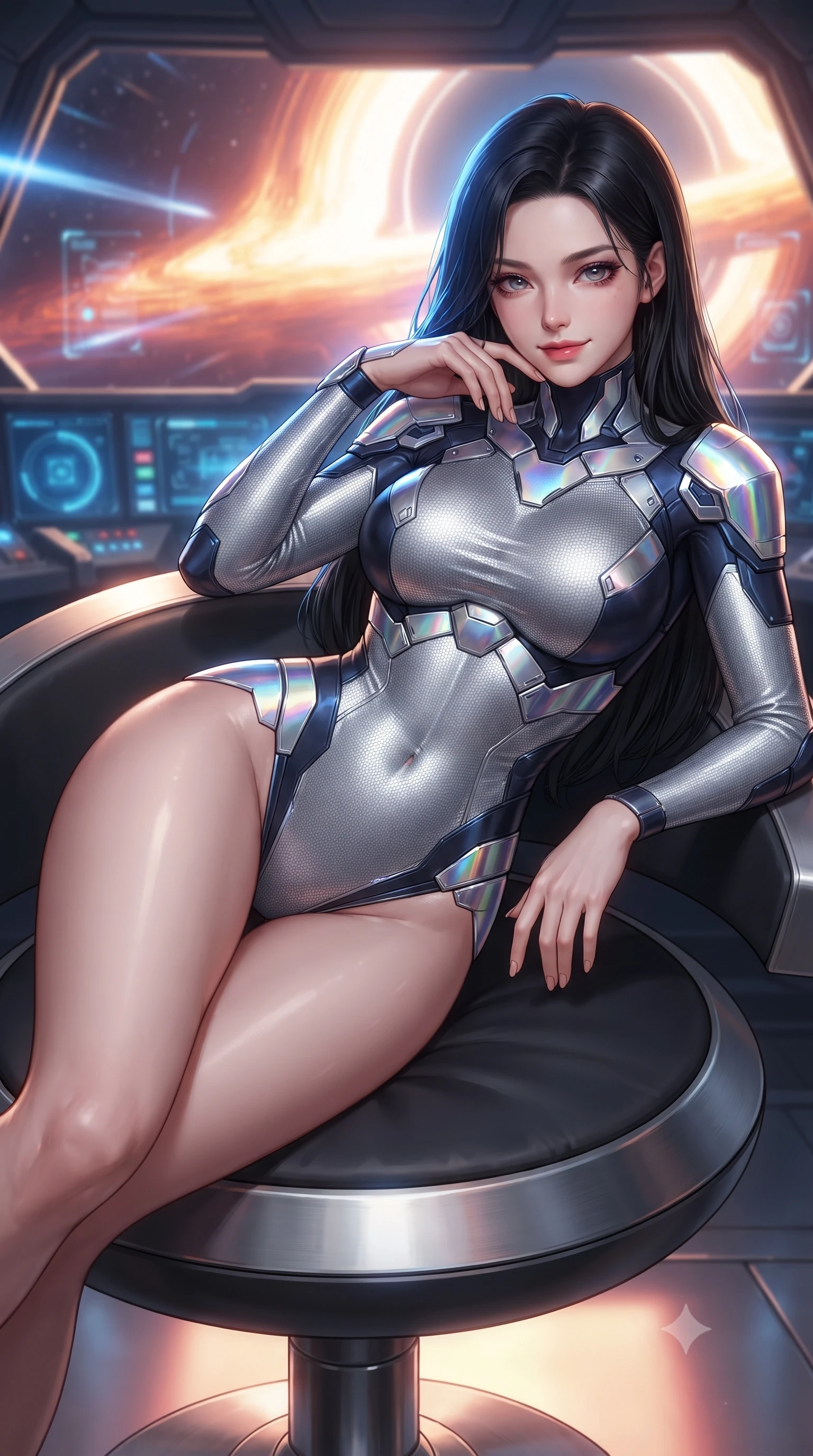 score_9, masterpiece, best quality, ultra-detailed, high-budget anime keyframe, editorial fashion photography, tasteful artistic composition, Korean woman. close-up cowboy shot from the waist and thighs up, the character dominates the composition, filling the frame with her large presence. turning slowly with a smoldering smile, her sleek hair catching the cockpit HUD rim light as her hips angle gracefully in a captivating contrapposto while reclining on a circular titanium lounger propped on one elbow, her flat midriff and long slender limbs glowing in cosmic event horizon radiance. The background shows a soft-focus relativistic jet beams shooting into infinity and quantum shielding fields softened in mind-bending cosmic shallow focus. She has an exceptionally elegant, slender, and willowy female figure with an ultra-slim waist, flat toned midriff, narrow ribcage, and sculpted feminine hips creating an alluring, slim hourglass silhouette without bulk. sharp v-shaped jawline, high-bridge nose, intricate jewel-like sparkling eyes with depth, thick eyelashes, glossy parted lips with a natural sheen, bright confident smile with an enchanting and coquettish sensual glint, exuding both youthful magnetic charm and sovereign high-tech allure, flawlessly proportioned anatomical accuracy, strict slender model proportions, natural body alignment, perfectly sculpted long slender limbs, ultra-slim waistline, clean dynamic posture without body distortion. wearing a form-contouring delicate silver nano-mesh bodysuit with strategically placed chrome armor plate guards covering key curves in midnight navy blue and holographic iridescent shimmer, tailored from ultra-reflective glossy liquid vinyl with mirror-like specular highlights, accented with strategically placed chrome armor plate guards covering key curves, the aerodynamic second-skin silhouette tightly following the natural contour of her hips and long slender legs with youthful 8.5-heads elegance. bathed in intense, blazing golden and crimson relativistic light streaming from the accretion disk. ultra-reflective glossy finish, specular highlights, rich textural contrasts, high-contrast stereoscopic depth, volumetric dynamic lighting, 2k, ultra detail, master piece, 9:16 ratio