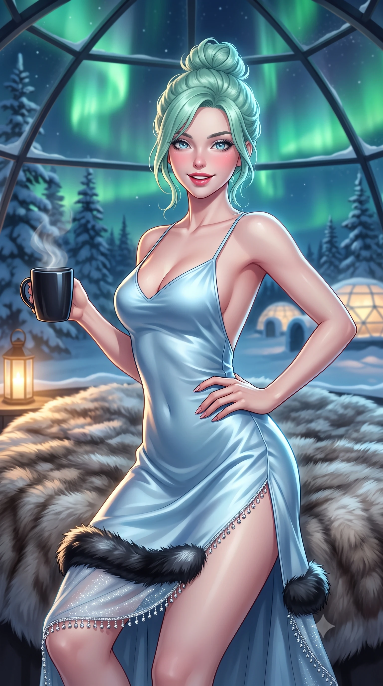 score_9, masterpiece, best quality, ultra-detailed, high-budget anime keyframe, semi-realistic 3D game render, editorial fashion photography, tasteful artistic composition, Japanese woman. close-up cowboy shot from the waist and thighs up, the character dominates the composition, filling the frame with her large presence. twisting her slender torso in an alluring contrapposto stance, one hand resting on her sculpted hip while holding a steaming mug with effortless poise while reclining back across the circular fur-draped thermal bed beneath the curved glass geodesic dome, arching her spine as vibrant green auroras dance overhead. The composition keeps background elements in soft focus with dreamy creamy bokeh. snow-covered Lappish pine trees and distant glowing igloo domes softened in Arctic wonderland shallow focus. She has an exceptionally elegant, slender, and willowy female figure with an ultra-slim waist, flat toned midriff, narrow ribcage, and sculpted feminine hips creating an alluring, slim hourglass silhouette without bulk. sharp v-shaped jawline, high-bridge nose, sparkling ice-crystal eyes with depth, frosty thick lashes, glossy parted lips with a rosy berry sheen, bright playful smile with an intoxicating seductive glint, rosy flushed cheeks radiating cozy warmth and dangerous allure, flawlessly proportioned anatomical accuracy, strict slender model proportions, natural body alignment, perfectly sculpted long slender limbs, ultra-slim waistline, clean dynamic posture without body distortion. wearing a backless ice-blue silk satin slip dress with a faux-fur trimmed hem and thigh-high side slit in dark obsidian black and gleaming platinum, woven from layered gossamer chiffon with ethereal weightless flutter, finished with delicate silver beaded trim along the hem that glitters like frost, the form-fitting cut adhering flawlessly to her sculpted flat midriff and slender torso, emphasizing her long leg lines and perfectly proportioned willowy build. illuminated by soft warm bedside lantern fill and sharp icy-platinum rim lights defining her slim torso, narrow waist, and curvy hips. highly saturated vibrant anime colors, detailed shading with soft gradients, rich glossy textures, high-contrast stereoscopic depth, volumetric dynamic lighting, master piece, 9:16 ratio