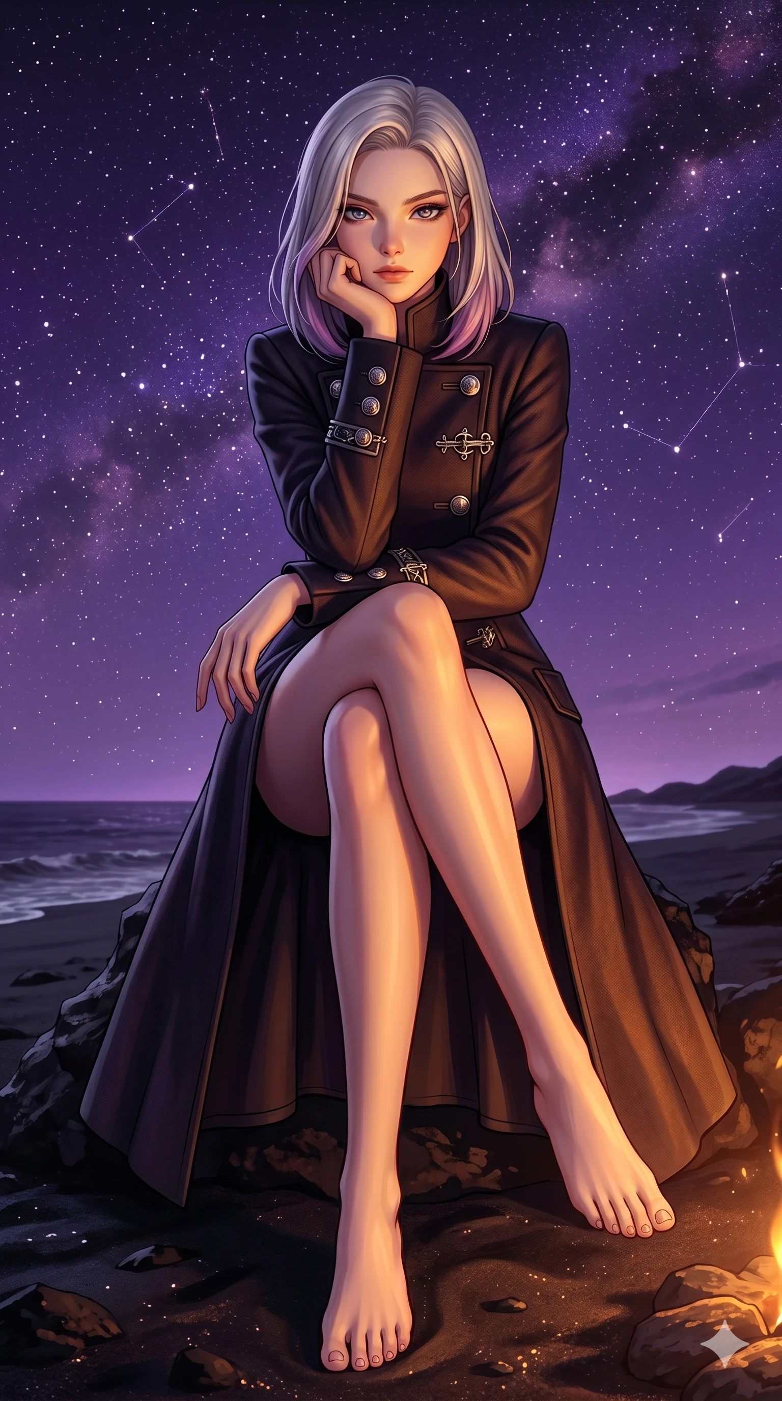 score_9, masterpiece, best quality, ultra-detailed, high-budget anime keyframe, editorial fashion photography, tasteful artistic composition, Caucasian woman, strictly human ears. low angle full-body shot from head to toe showing her feet, filling the entire 9:16 vertical frame with her statuesque presence, stretching her vertical silhouette. resting her chin on her hand, looking directly at the camera with a confident, piercing gaze on a secluded black volcanic beach under a sky of violet starlight (Code-P18-060). She has an absolutely perfect 8-heads proportion, an exceptionally tall and slender female figure with impossibly long slender legs and an ultra-slim waist. V-shaped jawline, high-bridge nose, intricate jewel-like eyes with depth, thick eyelashes, glossy lips with a natural sheen. wearing a structured high-neck coat with silver buttons. warm amber firelight casting dancing shadows and a soft golden glow over her features. 2k, ultra detail, master piece, 9:16 ratio