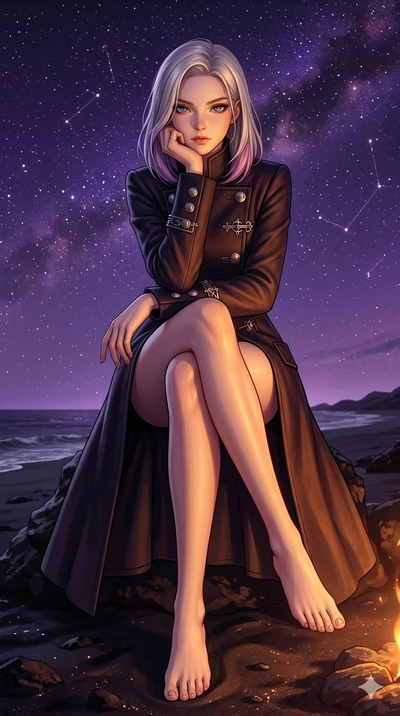 score_9, masterpiece, best quality, ultra-detailed, high-budget anime keyframe, editorial fashion photography, tasteful artistic composition, Caucasian woman, strictly human ears. low angle full-body shot from head to toe showing her feet, filling th