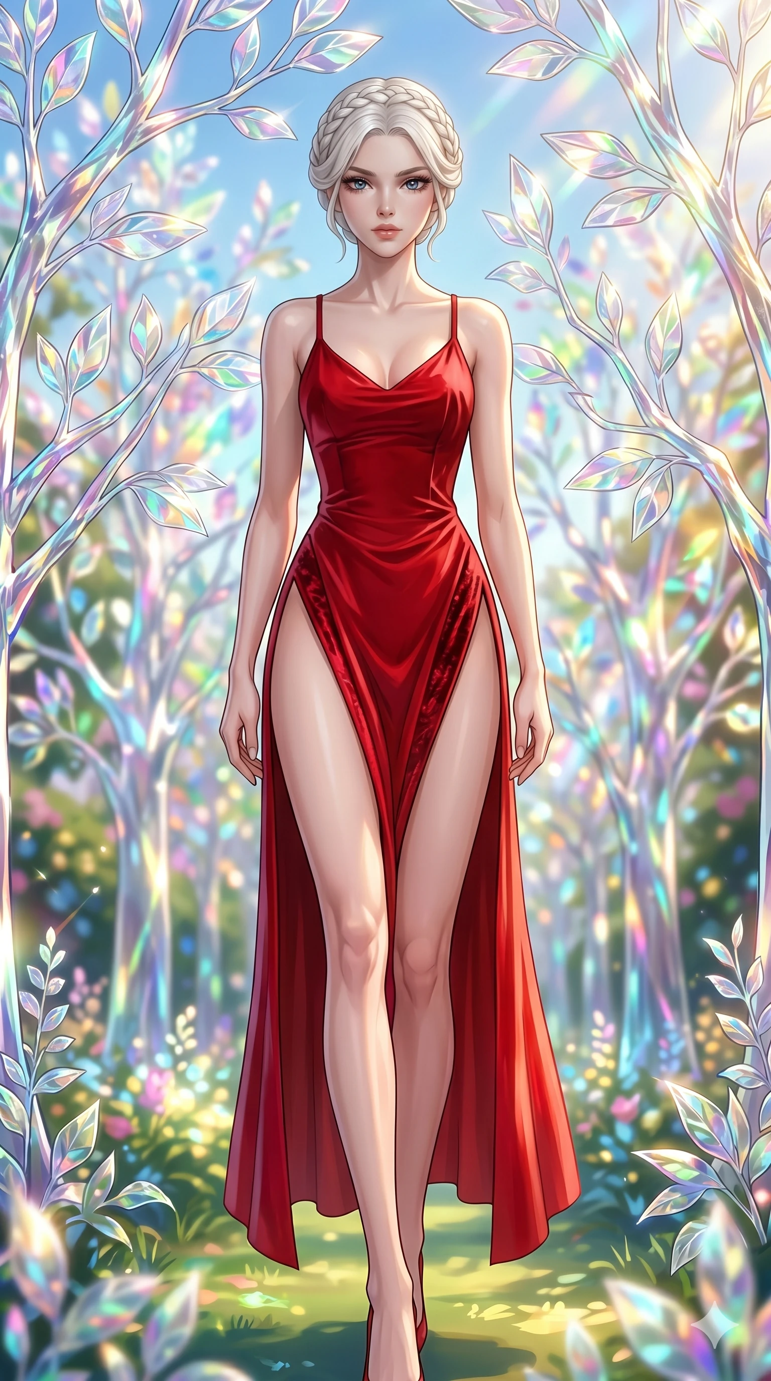 score_9, masterpiece, best quality, ultra-detailed, High-budget Anime Keyframe, beautiful Korean anime girl. Low angle cowboy shot filling the entire 9:16 frame with her statuesque presence. Walking through a garden of glass trees that chime in the wind under a golden sun. She has an absolutely perfect 8-heads proportion, an exceptionally tall and slender female figure with impossibly long slender legs and an ultra-slim waist. Sharp v-shaped jawline, high-bridge nose, intricate jewel-like eyes with depth, thick eyelashes, glossy lips with a natural sheen. Wearing a High-Fashion Editorial outfit: scarlet slip dress with a dangerously high side slit and velvet detail. Background is a bright and colorful fantasy garden with prismatic glass leaves and vibrant light. 2k, ultra detail, master piece, 9:16 ratio