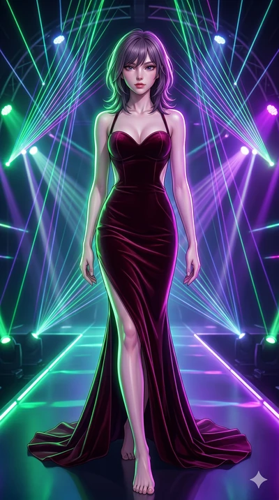 score_9, masterpiece, best quality, ultra-detailed, high-budget anime keyframe, editorial fashion photography, tasteful artistic composition, Japanese woman. low angle full-body shot from head to toe showing her feet, filling the entire 9:16 vertical