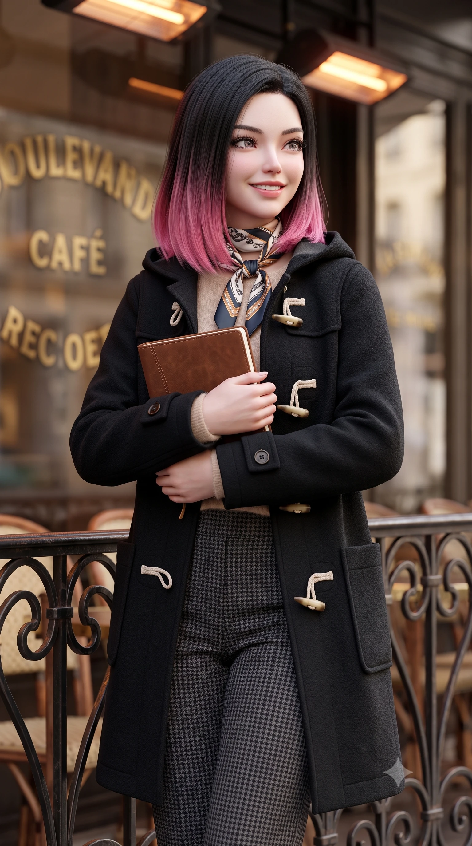 score_9, masterpiece, best quality, ultra-detailed, high-budget anime keyframe, semi-realistic 3D game render, editorial fashion photography, tasteful artistic composition, Korean woman. close-up cowboy shot from the waist and thighs up, the character dominates the composition, filling the frame with her large presence. holding a leather notebook close to her chest with both arms, smiling delightfully with youthful scholarly grace while standing beside the wrought-iron café railing looking out over Boulevard Saint-Germain, turning with playful coquettish charm. The background shows a soft-focus brass café lettering on glass softened in romantic Left Bank intellectual shallow focus. She has an exceptionally elegant, slender, and willowy female figure with an ultra-slim waist, flat toned midriff, narrow ribcage, and sculpted feminine hips creating an alluring, slim hourglass silhouette without bulk. sharp v-shaped jawline, high-bridge nose, intricate jewel-like sparkling eyes with depth, thick eyelashes, glossy parted lips with a natural peach sheen, bright cheerful beaming smile with an enchanting and coquettish sensual glint, exuding both youthful cute charm and seductive allure, flawlessly proportioned anatomical accuracy, strict slender model proportions, natural body alignment, perfectly sculpted long slender limbs, ultra-slim waistline, clean dynamic posture without body distortion. wearing a structured boiled-wool duffle coat with horn toggles over a soft alpaca sweater and tailored wool slacks in classic Savile Row charcoal houndstooth and crisp ivory, crafted from ultra-soft Mongolian cashmere with exquisite insulating warmth and tactile softness, finished with a printed silk twilly scarf knotted gracefully around her neck, the bespoke architectural tailoring hugging her natural waistline with sartorial precision, creating a clean graceful hourglass silhouette with tall model elegance. bathed in soft overcast Parisian natural daylight warmed by glowing overhead outdoor patio heaters. highly saturated vibrant anime colors, detailed shading with soft gradients, rich glossy textures, high-contrast stereoscopic depth, volumetric dynamic lighting, master piece, 9:16 ratio