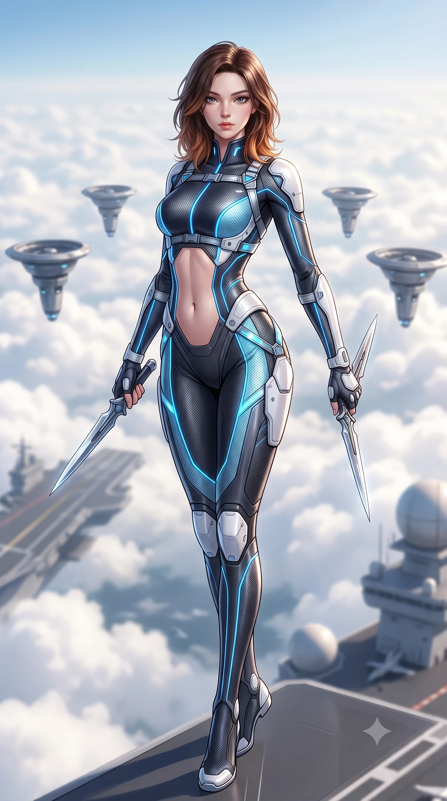 score_9, masterpiece, best quality, ultra-detailed, high-budget anime keyframe, semi-realistic 3D game render, editorial fashion photography, tasteful artistic composition, Korean woman. low angle full-body shot from head to toe showing her feet, filling the entire 9:16 vertical frame with her statuesque presence, stretching her vertical silhouette. arching her spine in a fluid zero-gravity combat turn with sovereign grace, her long slender legs and sculpted torso creating a sweeping line of power while standing at the carrier prow overlooking an endless sea of white clouds with funnel blades hovering in deadly symmetry. The composition keeps background elements in soft focus with creamy bokeh. carrier deck catapult tracks and radar radomes softened in luminous shallow depth of field. She has an absolutely perfect, statuesque 8.5-heads proportion, an exceptionally tall and slender model-like female figure with impossibly long slender legs, a toned flat midriff, and an ultra-slim waist. sharp v-shaped jawline, high-bridge nose, intricate jewel-like eyes with depth, thick eyelashes, glossy lips with a natural sheen, flawlessly proportioned anatomical accuracy, strict slender model proportions, natural body alignment, perfectly sculpted long slender limbs, ultra-slim waistline, clean dynamic posture without body distortion. wearing an aerodynamic dark titanium carbon-mesh jumper with glowing blue fiber lines, holding twin chrome vibro-daggers with deadly supermodel poise in glacial ice-cyan carbon mesh with pure white armor plates, tailored from flexible second-skin carbon-mesh that clings flawlessly to her athletic curves, reinforced by a sleek titanium tactical harness and glowing micro-energy straps, the liquid-tight tailored fabric emphasizing every curve of her tall, slender model proportions and sculptured silhouette during dynamic movement. illuminated by crisp specular highlights tracing her sculpted collarbones, waistline, and long slender legs. rich saturated anime colors with glowing neon highlights, detailed shading with soft gradients, rich glossy textures, high-contrast stereoscopic depth, volumetric dynamic lighting, master piece, 9:16 ratio