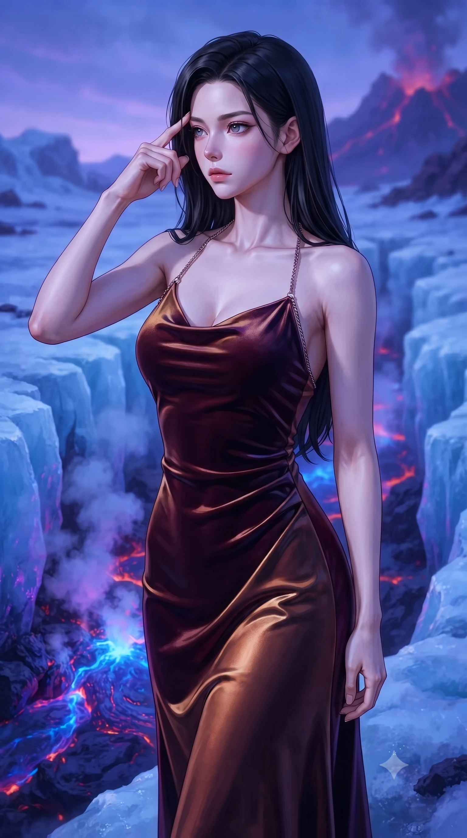 score_9, masterpiece, best quality, ultra-detailed, high-budget anime keyframe, editorial fashion photography, tasteful artistic composition, Korean woman. close-up cowboy shot from the waist and thighs up, the character dominates the composition, filling the frame with her large presence, background elements kept in soft focus. Pressing two fingers to her temple in a composed thoughtful gesture with an air of magnetic charisma standing beside a glacial fissure flowing with hot glowing cobalt blue magma, steam clouds rising from lava cracks reflecting deep violet and indigo. She has an exceptionally elegant, slender, and willowy female figure with an ultra-slim waist, a gracefully sculpted slender torso, and a refined silhouette. sharp v-shaped jawline, high-bridge nose, intricate jewel-like eyes with depth, thick eyelashes, glossy lips with a natural sheen. wearing a velvet halter-neck midi dress following her form like a glove in deep burgundy and bronze, crafted from lustrous satin jersey with fluid draping, adorned with delicate metallic chain straps along the neckline, the elegant draped fit framing her graceful clavicle and slender torso. bathed in high-contrast blue and violet spectral lighting. highly saturated vibrant anime colors, detailed shading with soft gradients, rich glossy textures, high-contrast stereoscopic depth, volumetric dynamic lighting, master piece, 9:16 ratio