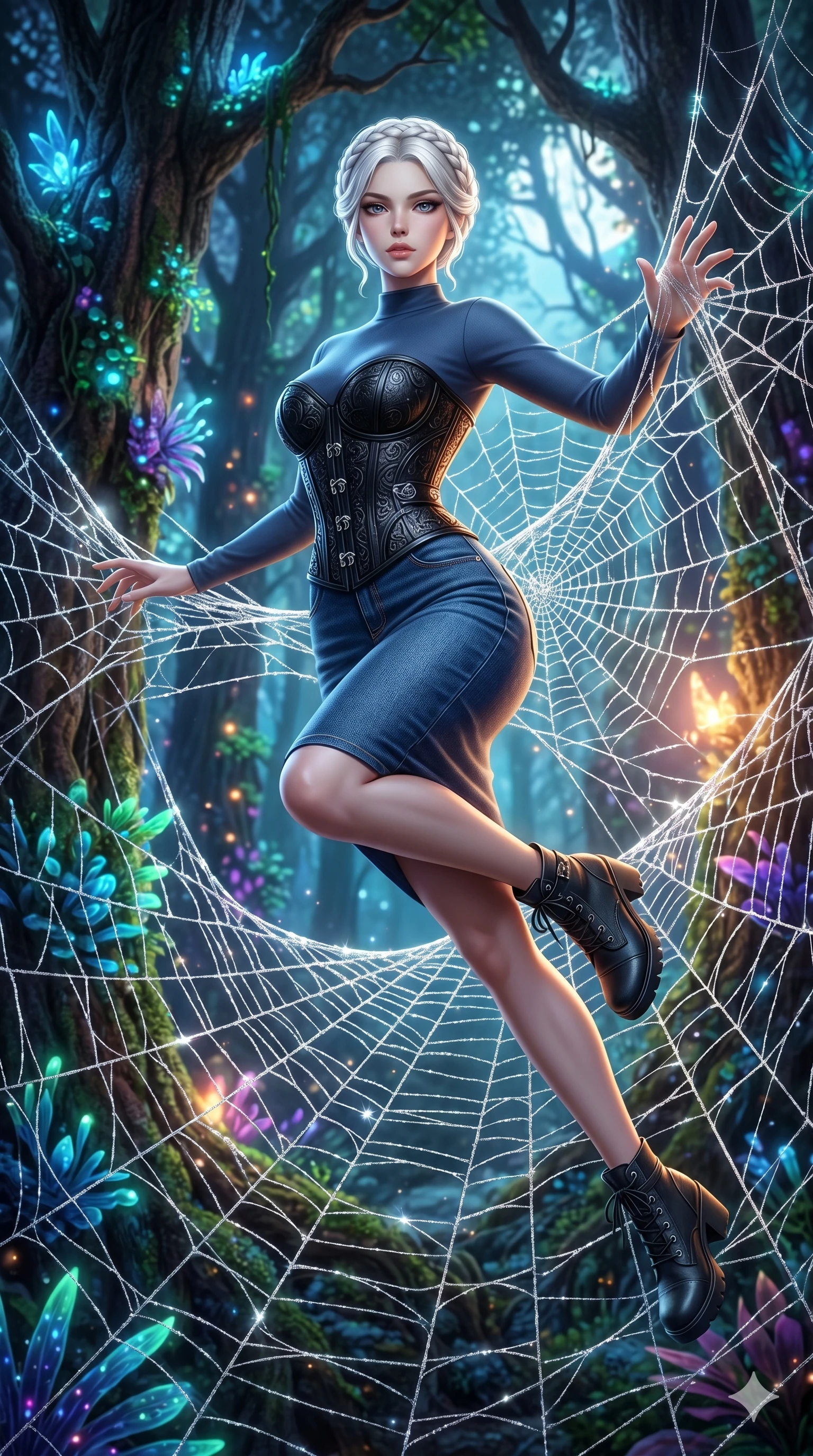 score_9, masterpiece, best quality, ultra-detailed, Set A: Photorealistic 8k CG, Japanese woman. Low angle cowboy shot filling the entire 9:16 frame with her statuesque presence. Leaping through a giant spiderweb made of silver silk. She has an absolutely perfect 8-heads proportion, an exceptionally tall and slender female figure with elegant long slender legs and an slender waist. Sharp v-shaped jawline, high-bridge nose, intricate jewel-like eyes with depth, thick eyelashes, glossy lips. Wearing an Urban Trendsetter outfit: elegant form-fitting dress with high-waist denim and ornate corset. Background is a bright and colorful dark forest with glowing plants and sparkling silver webs. 2k, ultra detail, master piece, 9:16 ratio