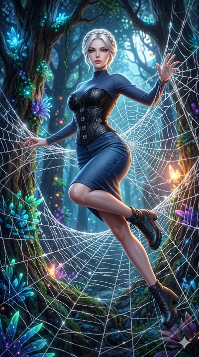 score_9, masterpiece, best quality, ultra-detailed, Set A: Photorealistic 8k CG, Japanese woman. Low angle cowboy shot filling the entire 9:16 frame with her statuesque presence. Leaping through a giant spiderweb made of silver silk. She has an absol
