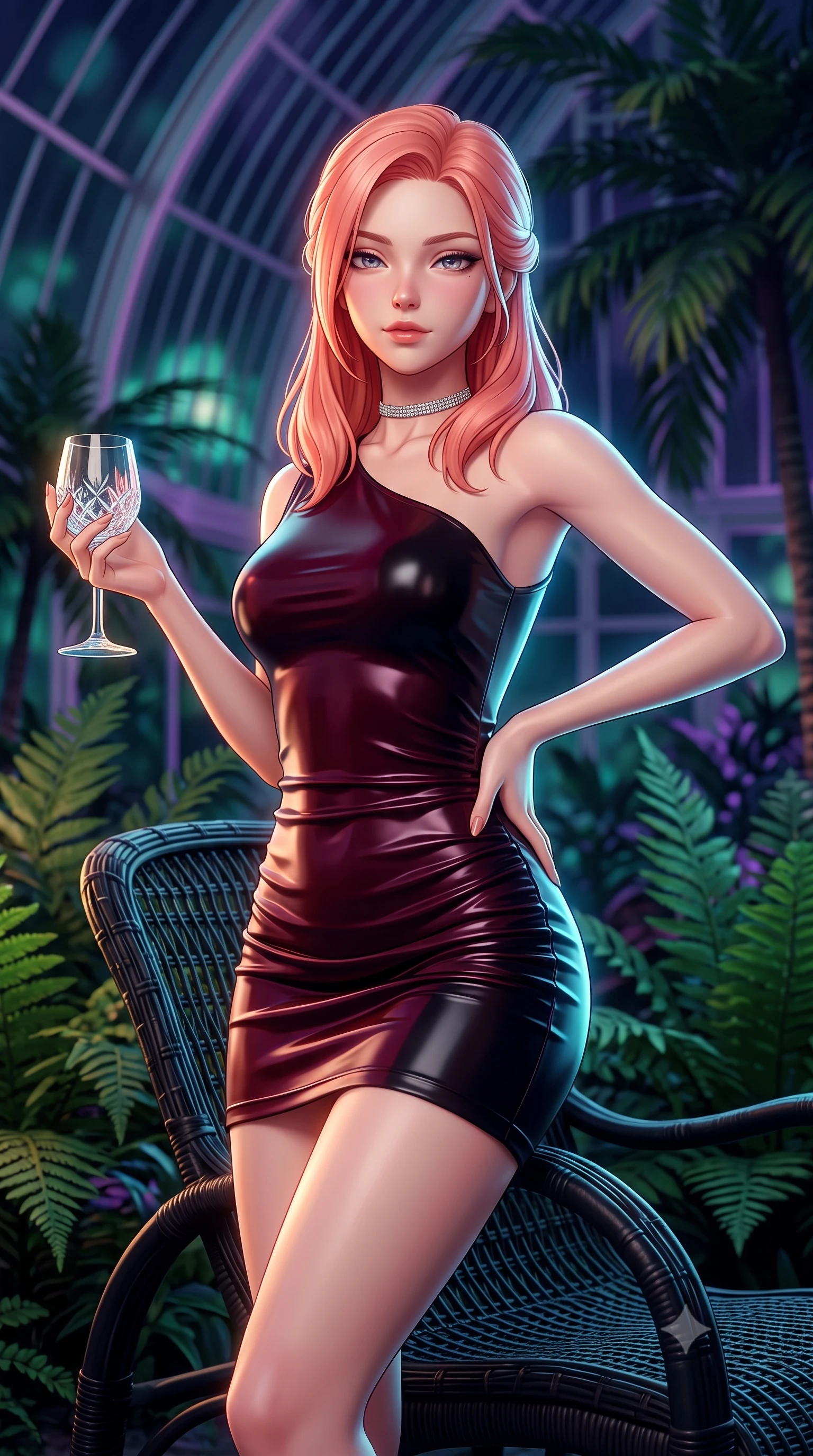 score_9, masterpiece, best quality, ultra-detailed, high-budget anime keyframe, semi-realistic 3D game render, editorial fashion photography, tasteful artistic composition, Japanese woman. close-up cowboy shot from the waist and thighs up, the character dominates the composition, filling the frame with her large presence. twisting her slender torso in an alluring contrapposto stance, one hand resting on her sculpted hip while holding a crystal glass with effortless poise while sitting on a curved vintage black wicker lounger amidst giant prehistoric ferns, arching her back with an intoxicating, alluring expression. The composition keeps background elements in soft focus with dreamy creamy bokeh. soaring Victorian glass conservatory ribs and towering tropical palms backlit by midnight neon blurred into deep jade, violet, and sapphire bokeh. She has an exceptionally elegant, slender, and willowy female figure with an ultra-slim waist, flat toned midriff, narrow ribcage, and sculpted feminine hips creating an alluring, slim hourglass silhouette without bulk. sharp v-shaped jawline, high-bridge nose, intricate jewel-like dark sparkling eyes with dangerous depth, thick curled eyelashes, glossy parted lips with a rich wine sheen, smoldering seductive half-smile with bedroom-eyes, exuding effortless superiority and intoxicating dark allure, flawlessly proportioned anatomical accuracy, strict slender model proportions, natural body alignment, perfectly sculpted long slender limbs, ultra-slim waistline, clean dynamic posture without body distortion. wearing a liquid-look vinyl mini dress with an asymmetric neckline and hip-defining side ruching in deep wine burgundy and lustrous obsidian, tailored from fine lightweight midnight wool crepe with crisp architectural structure, finished with a delicate diamond choker catching the chandelier light, the liquid-tight tailored fabric clinging flawlessly to her narrow waist and rounded feminine hips, emphasizing every millimeter of her sculpted slim hourglass curves without any bulky heaviness. illuminated by soft warm pathway lantern fill and sharp cyan rim light defining her sculpted clavicle, narrow waist, and curvy hips. highly saturated vibrant anime colors, detailed shading with soft gradients, rich glossy textures, high-contrast stereoscopic depth, volumetric dynamic lighting, master piece, 9:16 ratio