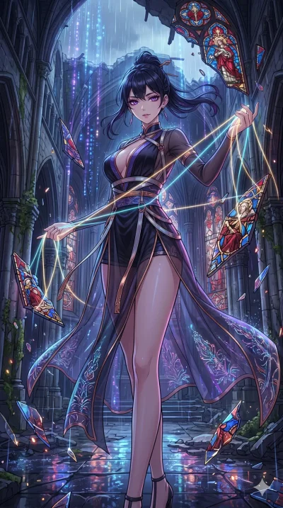 score_9, masterpiece, best quality, ultra-detailed, high-budget anime movie keyframe, cinematic anime lighting, intricate line art, Japanese anime girl. Low angle cowboy shot filling the entire 9:16 frame with her statuesque presence. weaving threads