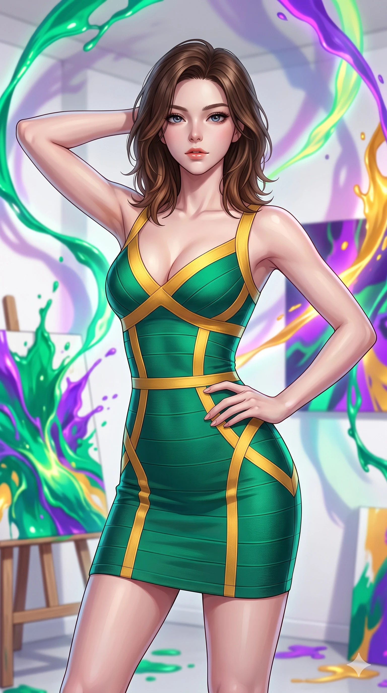 score_9, masterpiece, best quality, ultra-detailed, high-budget anime keyframe, editorial fashion photography, tasteful artistic composition, Korean woman. close-up cowboy shot from the waist and thighs up, the character dominates the composition, filling the frame with her large presence, background elements kept in soft focus. Placing one hand behind her head with confident body language and a direct stare. set against a soft-focus background of an artist's studio where aurora-colored paint spontaneously erupts from canvases and floats in swirling ribbons through the air creating three-dimensional abstract paintings in space. She has an exceptionally elegant and slender, willowy female figure with an ultra-slim waist, a gracefully sculpted slender torso, and a refined slim physique. sharp v-shaped jawline, high-bridge nose, intricate jewel-like eyes with depth, thick eyelashes, glossy lips with a natural sheen. wearing a precision-cut bandage dress in a striking emerald and gold pattern, contouring and highlighting her slender hourglass waist. the floating paint itself glows with aurora colors of emerald green electric violet and solar gold casting shifting colored shadows across the white studio walls. 2k, ultra detail, master piece, 9:16 ratio