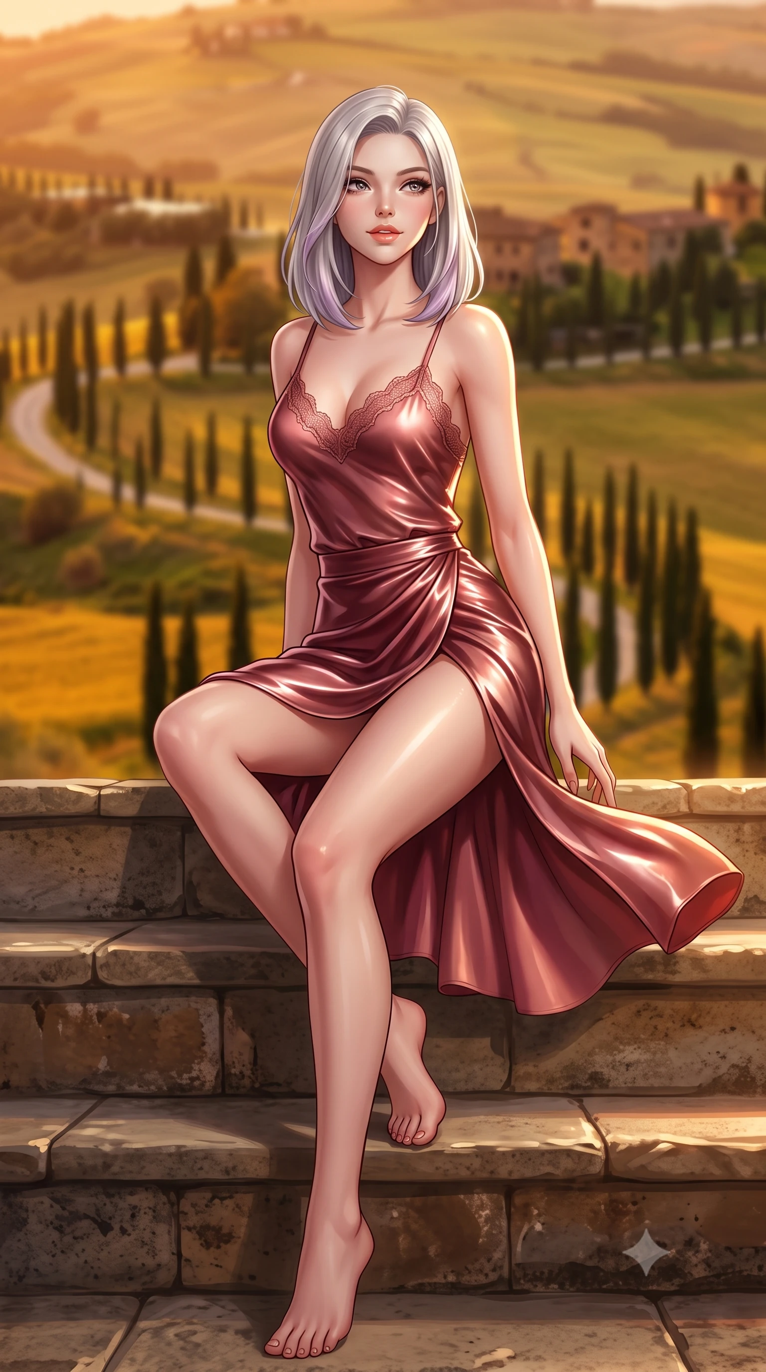 score_9, masterpiece, best quality, ultra-detailed, high-budget anime keyframe, semi-realistic 3D game render, editorial fashion photography, tasteful artistic composition, Caucasian woman. low angle full-body shot from head to toe showing her feet, filling the entire 9:16 vertical frame with her statuesque presence, stretching her vertical silhouette. sitting poised on the stone steps with one knee bent, arching her spine with supermodel elegance as she glances upward through thick eyelashes while twisting her slender torso in an alluring contrapposto stance, warm Tuscan breeze fluttering her gown around her long slender legs and curvy hips. The background shows a soft-focus rolling golden hills of Val d'Orcia, winding rows of dark green cypress trees, and ancient stone farmhouses blurred into amber, terracotta, and olive-gold bokeh. She has an absolutely perfect, statuesque 8.5-heads proportion, an exceptionally tall and slender model-like female figure with impossibly long slender legs, an ultra-slim waist, a flat toned midriff, narrow delicate ribcage, and beautifully sculpted feminine hips creating a graceful, slim hourglass silhouette without any bulky heaviness. sharp v-shaped jawline, high-bridge nose, sparkling eyes with hypnotic seductive depth, thick curled eyelashes, glossy parted lips with a natural dewy peach sheen, alluring bedroom-eyes with an enchanting coquettish smile, exuding magnetic siren charisma and sophisticated glamour, flawlessly proportioned anatomical accuracy, strict slender model proportions, natural body alignment, perfectly sculpted long slender limbs, ultra-slim waistline, clean dynamic posture without body distortion. wearing a delicate lace-trimmed silk camisole paired with a draped satin wrap sarong mini skirt with high side slit in smoldering Chianti crimson wine and deep rose-gold, crafted from wet-look high-gloss vinyl fabric with dazzling specular surface reflections, finished with scalloped eyelash lace trim framing her sweetheart neckline with intimate elegance, the precision-cut side openings and low-back scoop framing her graceful spine and the sensual sweep of her slim, toned hips. bathed in the deep, rich golden hour sunlight streaming horizontally across the Tuscan rolling hills. highly saturated vibrant anime colors, detailed shading with soft gradients, rich glossy textures, high-contrast stereoscopic depth, volumetric dynamic lighting, master piece, 9:16 ratio