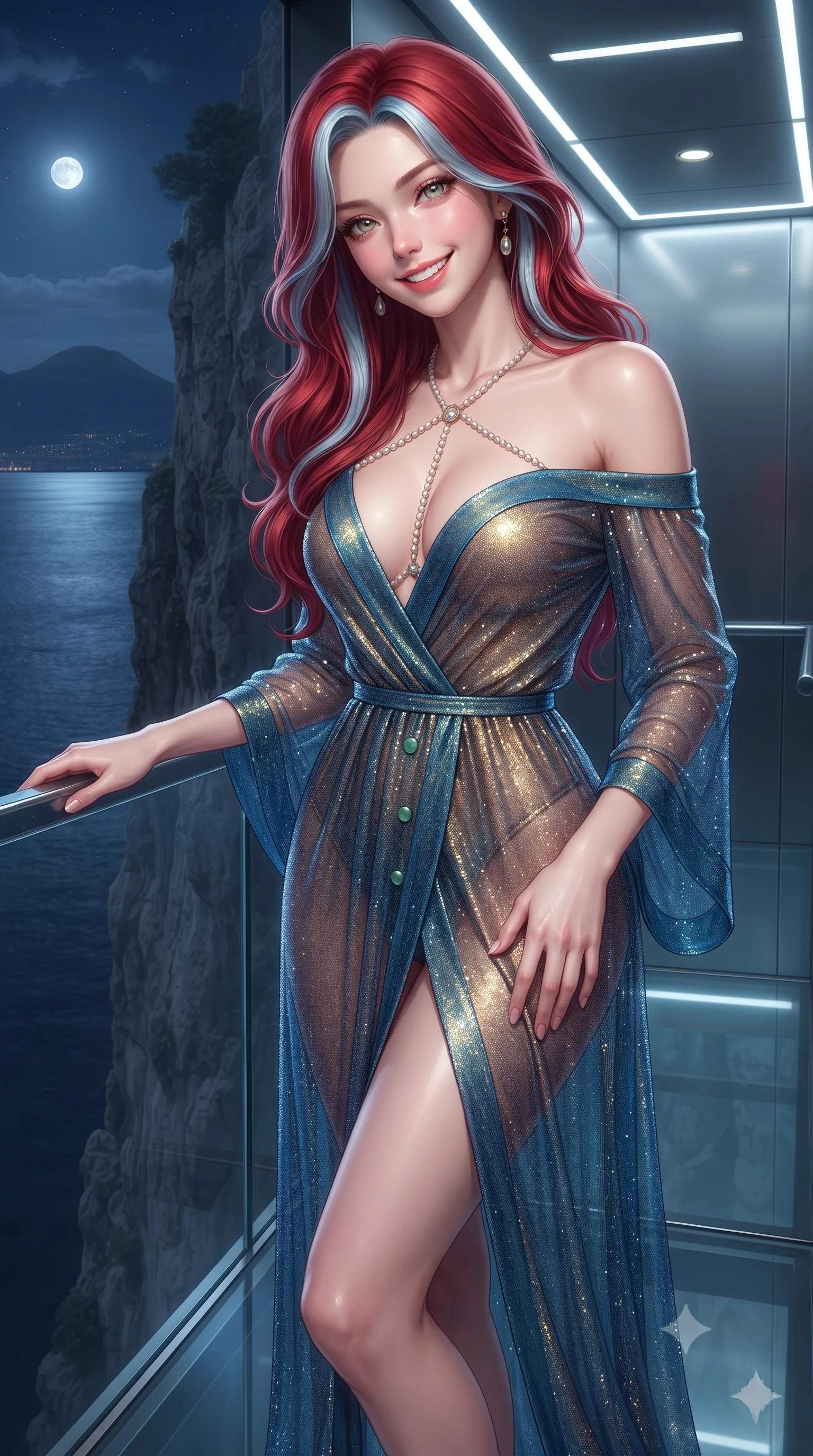score_9, masterpiece, best quality, ultra-detailed, high-budget anime keyframe, editorial fashion photography, tasteful artistic composition, Caucasian woman. close-up cowboy shot from the waist and thighs up, the character dominates the composition, filling the frame with her large presence. tilting her head with a teasing half-smile, running one hand slowly down the side of her hip in a flirtatious S-curve as ambient light caresses her silhouette while standing poised on the sheer glass elevator platform descending the vertical tufa rock cliff, arching her spine with effortless supermodel poise as Mount Vesuvius looms across the moonlit bay. The background shows a soft-focus interior elevator cove LEDs softened in ultra-futuristic coastal estate shallow focus. She has an exceptionally elegant, slender, and willowy female figure with an ultra-slim waist, flat toned midriff, narrow ribcage, and sculpted feminine hips creating an alluring, slim hourglass silhouette without bulk. sharp v-shaped jawline, high-bridge nose, intricate jewel-like sparkling eyes with depth, thick eyelashes, glossy parted lips with a natural peach sheen, bright cheerful beaming smile with an enchanting and coquettish sensual glint, exuding both youthful cute charm and seductive allure, flawlessly proportioned anatomical accuracy, strict slender model proportions, natural body alignment, perfectly sculpted long slender limbs, ultra-slim waistline, clean dynamic posture without body distortion. wearing an alluring semi-sheer silk chiffon boudoir peignoir slipping off bare shoulders with delicate jade button accents in Marrakech majorelle blue and molten 24k gold, woven from stretch metallic lurex jersey casting radiant starlight glints across her curves, accented with a pearl-drop body harness subtly framing her dewy collarbones and spine, the form-contouring silhouette accentuating her sculpted flat midriff, narrow delicate ribcage, and gracefully curvy hips with intoxicating allure. illuminated by glass reflection fill and sharp platinum-gold rim lights sculpting her jawline, narrow waist, and curvy hips. ultra-reflective glossy finish, specular highlights, rich textural contrasts, high-contrast stereoscopic depth, volumetric dynamic lighting, 2k, ultra detail, master piece, 9:16 ratio