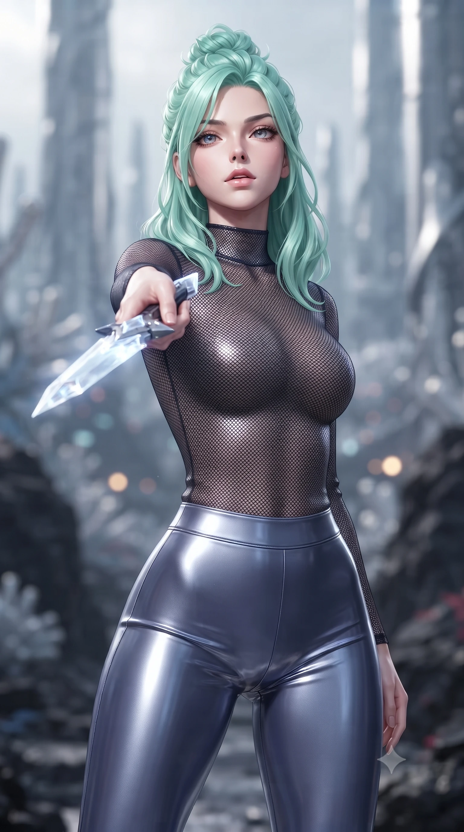 score_9, masterpiece, best quality, ultra-detailed, high-budget anime keyframe, editorial fashion photography, tasteful artistic composition, Japanese woman. close-up cowboy shot from the waist and thighs up, the character dominates the composition, filling the frame with her large presence, background elements kept in soft focus. pointing a crystal-edged laser dagger forward in a defensive stance, tilting her chin up slightly with lips parted in a composed pose, the background shows a soft-focus a mercury coral forest with towering silver structures and black volcanic rock. She has an exceptionally elegant, slender, and willowy female figure with an ultra-slim waist, a gracefully sculpted slender torso, and a refined silhouette. sharp v-shaped jawline, high-bridge nose, intricate jewel-like eyes with depth, thick eyelashes, glossy lips with a natural sheen. wearing a slim-fit body-hugging carbon-mesh mock-neck top paired with tight-fitting carbon-fiber leggings. soft indigo starlight wrapping her form in a cool, specular glaze. ultra-reflective glossy finish, specular highlights, metallic sheen, high-contrast stereoscopic depth, volumetric dynamic lighting, 2k, ultra detail, master piece, 9:16 ratio