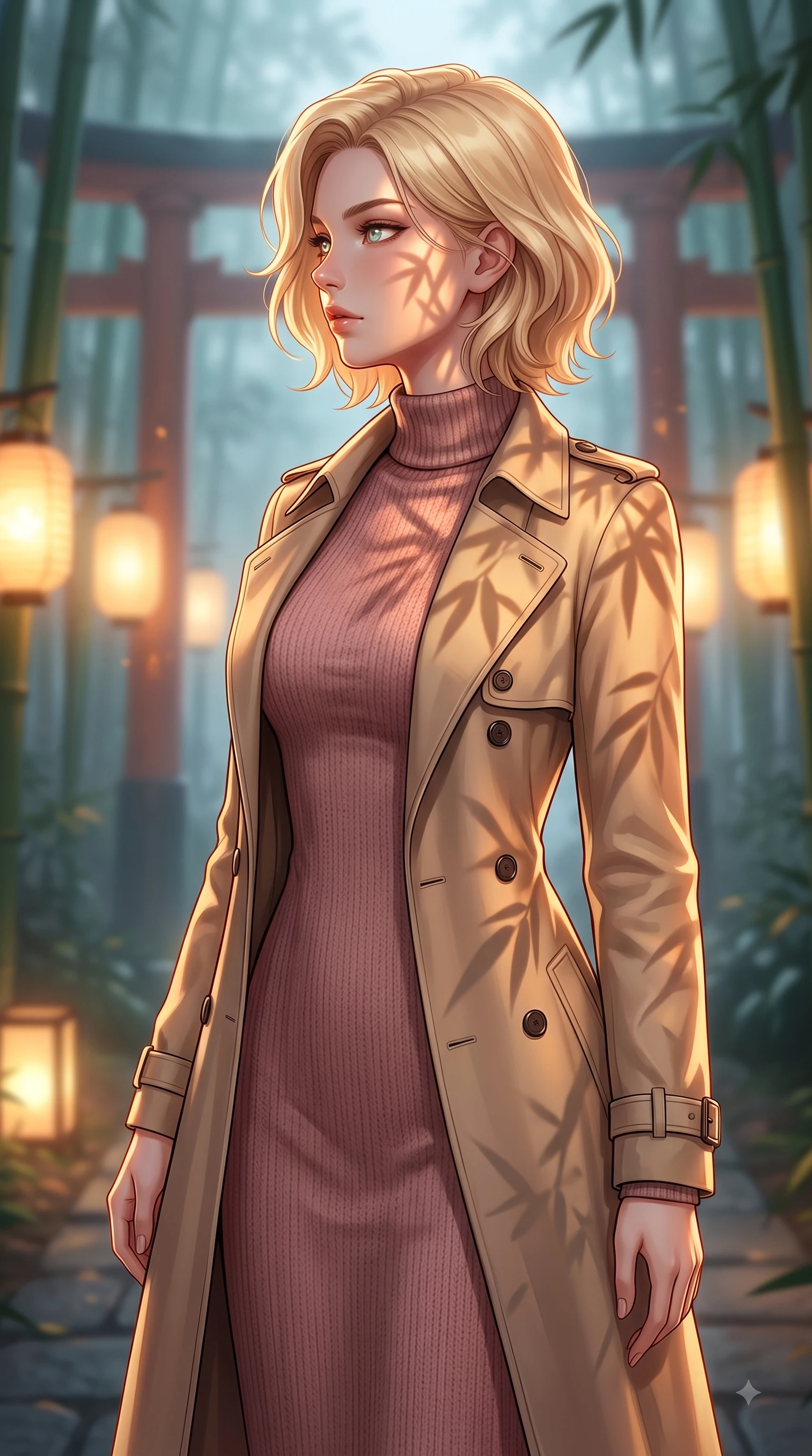 score_9, masterpiece, best quality, ultra-detailed, high-budget anime keyframe, editorial fashion photography, tasteful artistic composition, Caucasian woman woman. close-up cowboy shot from the waist and thighs up, the character dominates the composition, filling the frame with her large presence, background elements kept in soft focus. She has an exceptionally elegant, slender, and willowy female figure with an ultra-slim waist, a gracefully sculpted slender torso, and a refined silhouette. turning her head in a sharp dramatic profile against the key light, her eyes glowing with calm focus, flawlessly proportioned anatomical accuracy, natural body alignment, perfectly sculpted elegant limbs, clean dynamic posture without body distortion. set against a soft-focus background of a misty bamboo torii shrine path with glowing paper lanterns. wearing a classic tailored trench coat over a high-neck dusty rose knit midi dress. bathed in warm amber lantern light casting soft organic bamboo leaf stencil shadows. highly saturated vibrant anime colors, detailed shading with soft gradients, rich glossy textures, high-contrast stereoscopic depth, volumetric dynamic lighting, master piece, 9:16 ratio